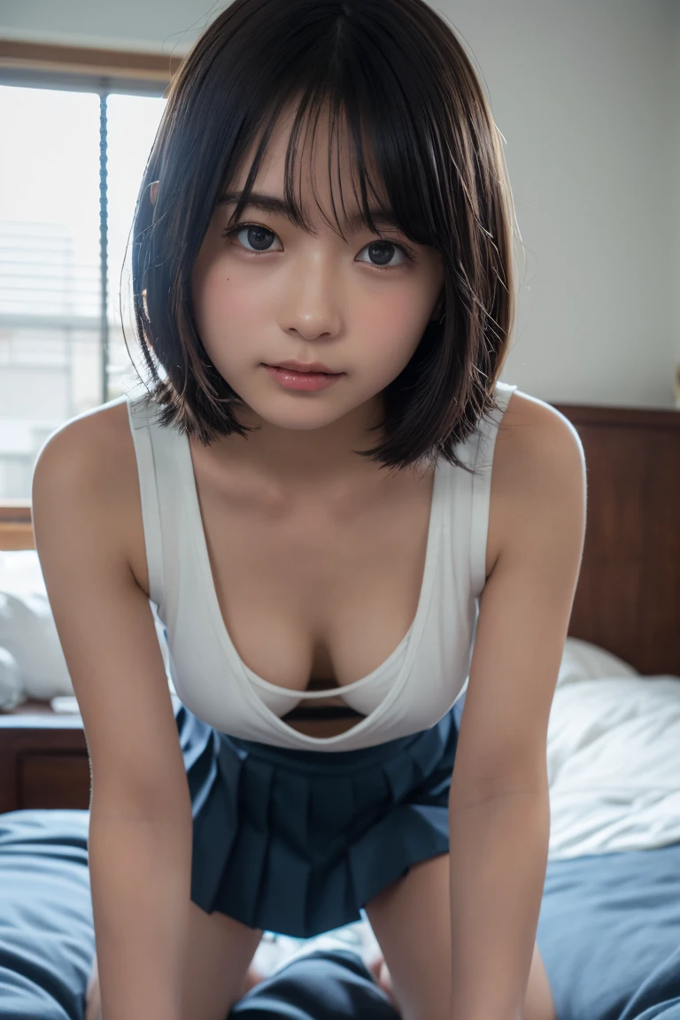 (anatomically correct, perfect body:1.3), professional writing、Detailed workmanship、(high resolution:1.2)、gravure photo、8K, High resolution、(RAW photo, photorealistic:1.2)、best quality, master pieces, slender body shape、high definition face、(Face is in focus、high definition eyes, Moist eyes)、(Focused, symmetrical pupils:1.2)、High-definition and beautiful skin、firm skin、natural makeup、gross lip, High-definition hair texture, (japanese woman、high school girl:1.3)、、(short hair:1.3), unparalleled beauty、break (A patterned yukata with an open hem, multiple color:1.3) break bedroom, (on the bed、multiple pose:1.2)、(lying on one’s back:1.3), (thin legs、Her legs are exposed)、(shy face), medium breast, cleavage, (nipples), (very embarrassed, blush:1.3)、(shot from above:1.2), (looking at viewer:1.2)