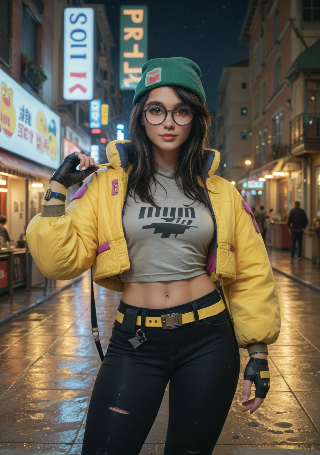 score_9, score_8_up, score_7_up, score_6_up, source _animé, 1 girl, solo, valoKJ, black hair, brown eyes, green hat, round glasses, yellow jacket, gray shirt, partially fingerless gloves, yellow belt, black pants, show-off, night, city, neon signs, looking at you