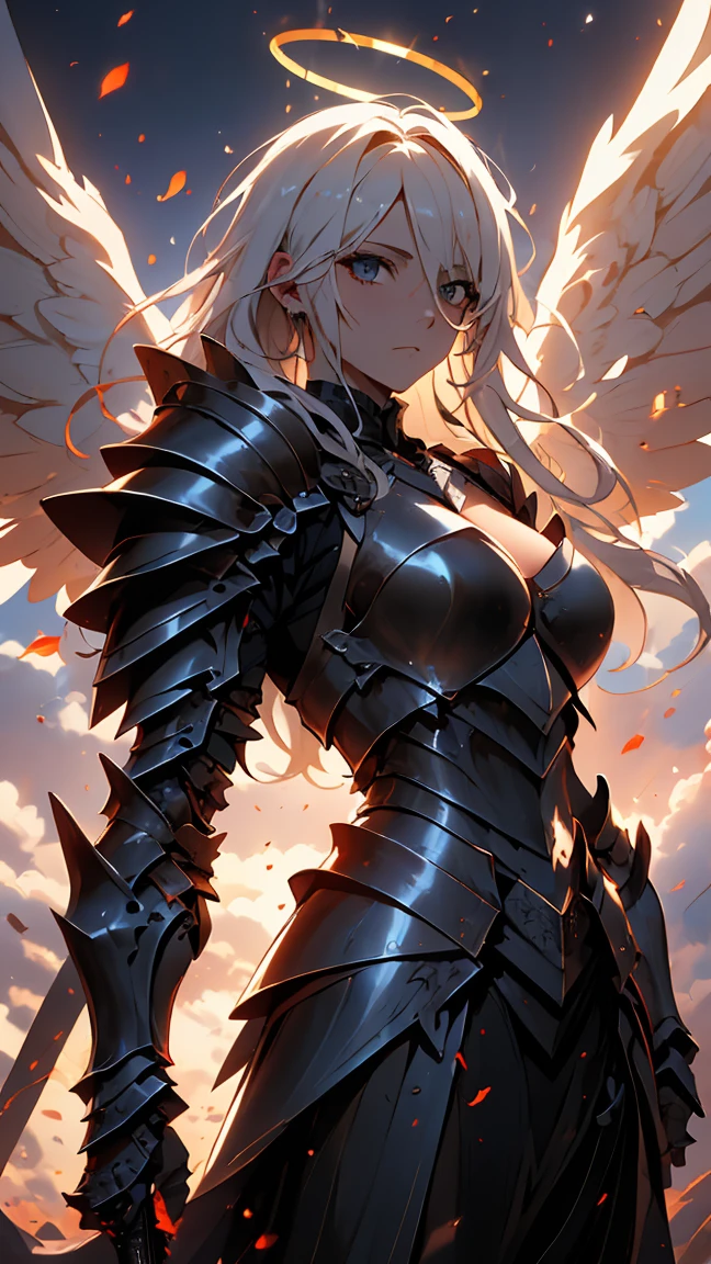 ((Best quality, 8k, Masterpiece: 1.3)), Sharp focus A beautiful woman with perfect body, Highly detailed face and skin texture, (Detailed eyes), Angel, winged angel, steel-armored angel, armed angel, white hair, messy hair, hair over shoulder, halo, Scene descending from heaven, light shines from the sky In the darkness 