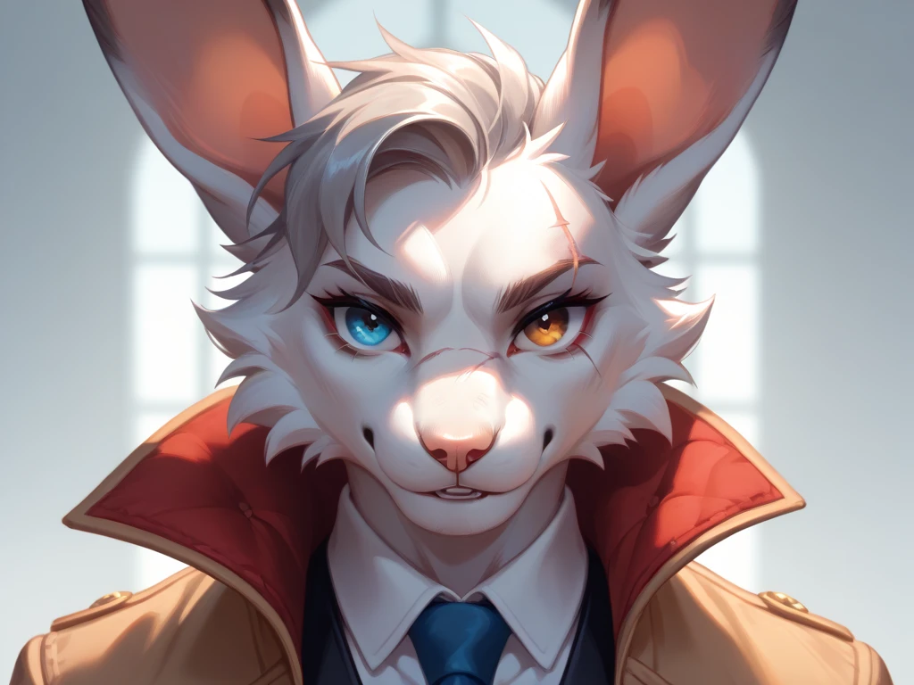 Furry werewolf silver fur scar on his eye heterochromia or eyes of a different color wounds on his face with a very nice and elegant cream coat rabbit