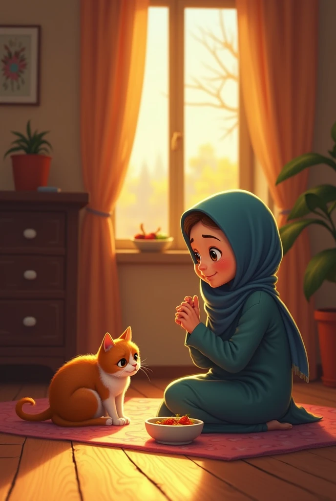 Cute hijab girl with a cute tabby cat