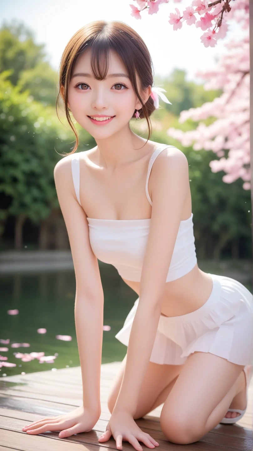 very beautiful girl; 
Age: from 18-20 years old;
skin: milk white, rosy and flawless, smooth texture, detail;
hair: long, yellow red, smooth, bồng bềnh dưới sunlight, detail;
eye: blue, charming, trang điểm high solution, true, long lanh, damp, siêu detail;
mí eye: delicate, đẹp perfect, detail;
eyebrow: cong, dear, high solution, detail;
face: beautiful like a fairy, holiness, light makeup, cân đối perfect, đẹp đến từng detail, tiêu điểm cực kỳ high solution;
nose: xinh, lovely, cao, detail;
cheekbone: prominent, detail;
lip: charming, (bright red lipstick), son bóng lovely, detail;
răng: Beaming smile, Lily-white, detail;
body: full of life, Tighten clothes, perfect;
accessory: chain, earring, bracelet;
Image quality: masterpiece, ((Lifelike:1.3)), Highest quality, non-NSFW, 8K CG HD, high solution, Super nice graphics, professional, detail, colourful, ultrafine, advanced techniques, RAW true, ((High resolution:1.3));
light: complex color combinations, black gold rays;
sunlight: twinkle, illuminate the girl&#39;s body;
((Full body photo of the girl)); ((Tank tops come in random colors:1.2)); quần jean ngắn; random sized breasts;