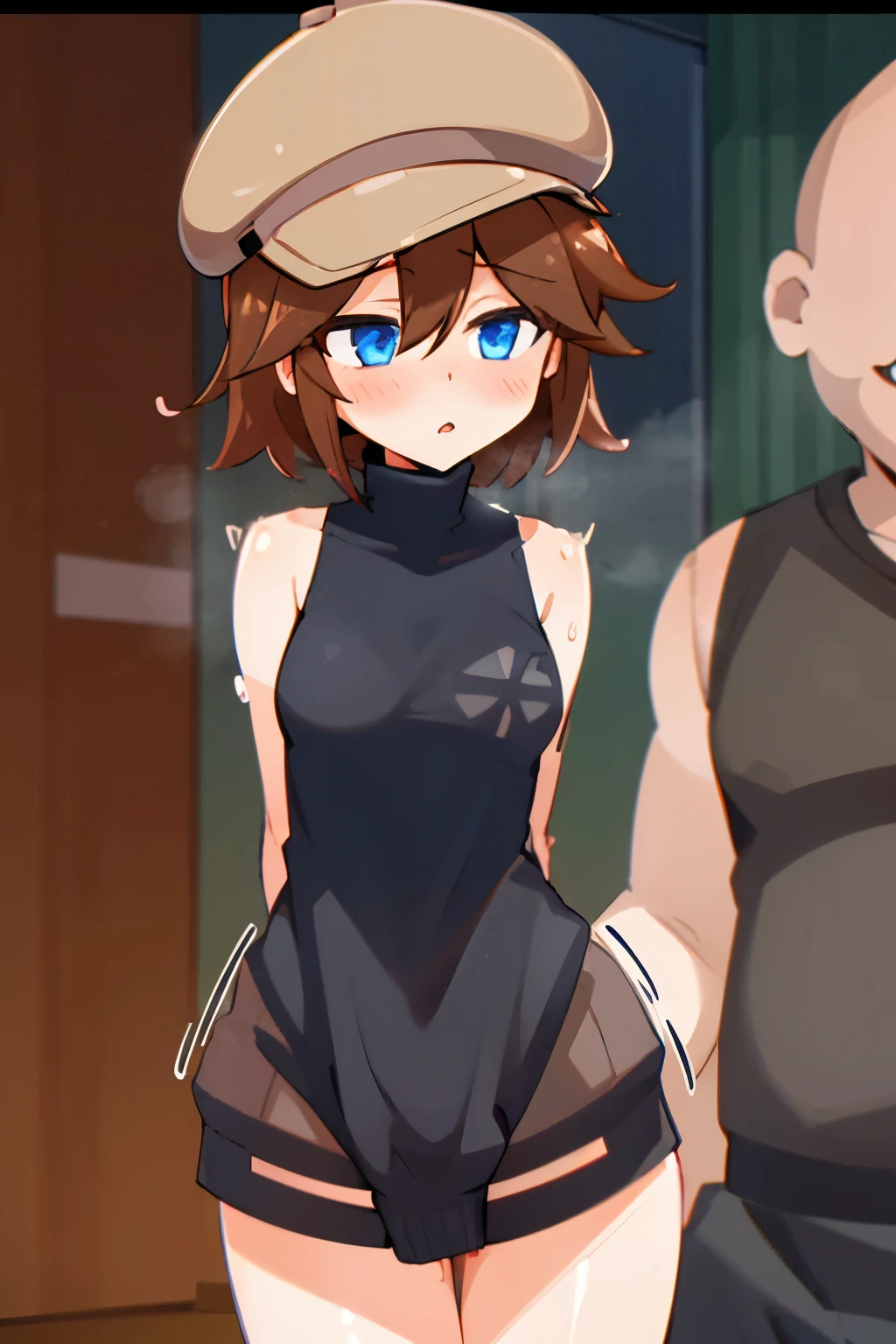 ( 1 girl, One Man,)、 blue eyes, review, short hair , Brown hat, Brown Hair, black sweater , sleeveless turtleneck, brown plaid skirt ,A middle-aged man is behind a girl,Naked middle-aged man, Love Hotel