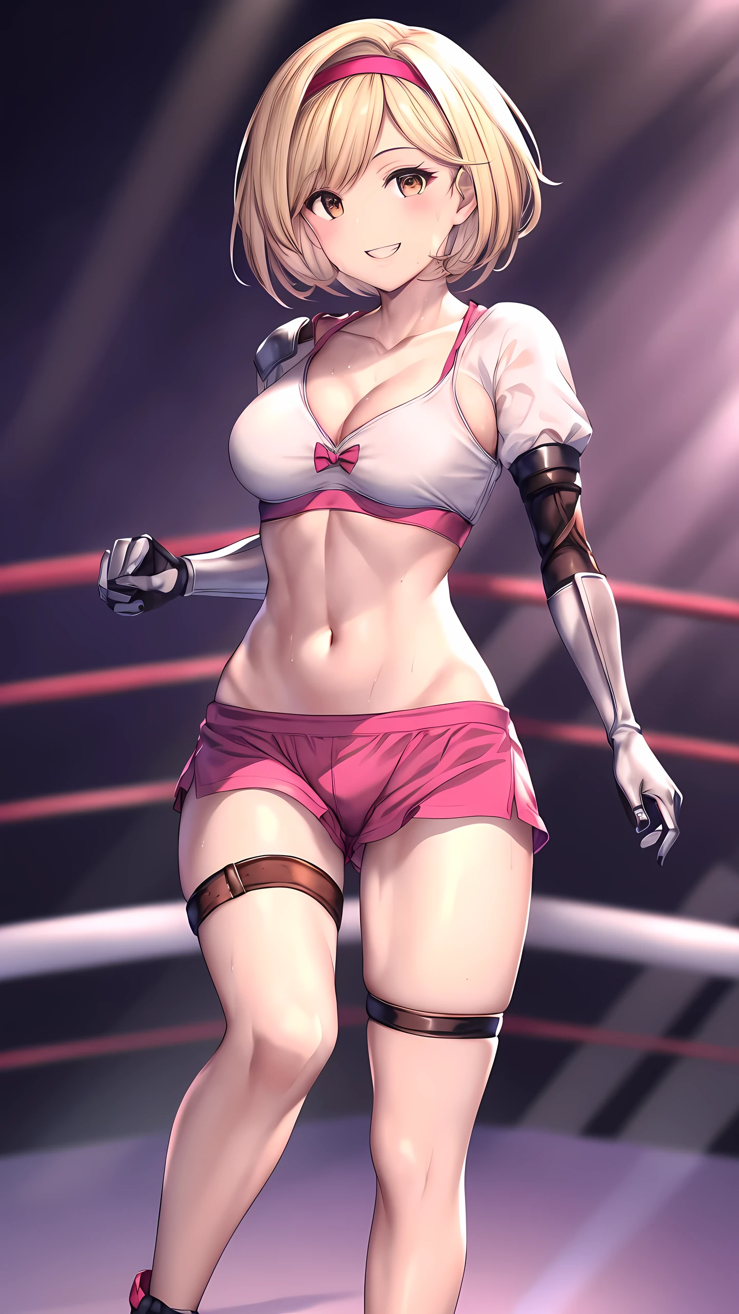 djeeta_(granblue_fantasy), brown eyes, 1girl, solo, Detailed eyes, (sports bra:2, short spats:2, bare thigh, mma gloves, nosleeves:1.3, cleavage, visible navel), Perfect body, (happy smile:1.5), Toned body, Ultra HD, Detailed eyes, Detailed face, (upper knee shot:2), medium breast, looking at viewer, sweaty, professional wrestling, Crowd Circle View, professional wrestling, spectator seats, Crowd Circle View, Fights in professional wrestling, from below