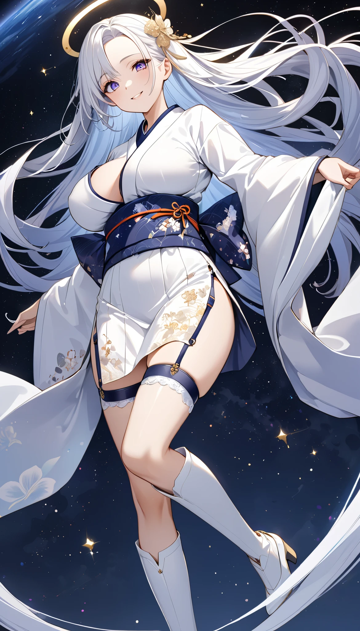 Fresh illustration,
Ultra-fine drawing,
Top quality,
Very delicate illustration,
Very fine details,
Beautiful charming anime woman,
Enchanting anime girl,
Super detailed,
Beautiful and sophisticated,
Illustration of a girl,
Full body,
Standing motionless,
Arms slightly spread,
Height 158cm,
Fair skin,
Right eye is blue,
Left eye is purple,
Odd eye,
Heterochromie iris,
Large black pupil,
Beautiful eyes,
Super long hair,
Shiny hair,
Blue roots and white hair elsewhere,
Hair with gradient,
Forehead protruding,
Cute face,
Pretty face,
Shiny halo on back of head,
Lower eyebrows,
Smiling,
Upper body in kimono,
Upper body in traditional Japanese clothing,
Overall white clothes,
Lower body in Chinese dress,
Obi color is black,
Tasteful embroidery with gold thread,
High quality fabric clothes,
big breasts,
breasts look soft,
thong,
garter belt,
stockings,
thigh straps,
thigh straps digging into skin,
white long boots,
shoes with Japanese-style toes,
thin waist,
thick thighs,
isometric,
golden ratio,
divine atmosphere,
wearing an indigo-colored stand-up collared inner,
outer space,
multiple galaxies,
countless small stars,
tactical use of shadows,
clothes and hair do not extend beyond the frame,