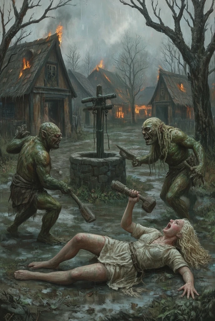 Part 7  : Super realistic (( high resolution,  ultra-detailed frame )),  ((  focusing on the subtle details and atmosphere of the scene))spring,  Rainy weather , medieval themes, all characters are visible in the frame, arras: - fat , green,  small , naked with huge clubs in her hands ,  have sharp teeth , long claws, A vile face. 
 1- In the background We see a burning village in a swamp ,  the square with a stone well in the center of the square ,  small   горящие деревянные дома покрытые мхом;
 - two goblins pointing their clubs at the girl,  they stand on either side of her ,
 - a blonde girl with pale pink skin with a beautiful face in freckles,  with curly white long hair ,  is lying in the mud with her bare ass to the top ,  the dress is down to her heels is lying on the ground ,  The girl is screaming in pain , hands grab the ground ,
 - the girl was wet and dirty from the rain and mud, dressed in dirty rags ,  on top of the linen sweater , there is a tight knee-length skirt on her feet that bares the girl's rosy curvy ass.