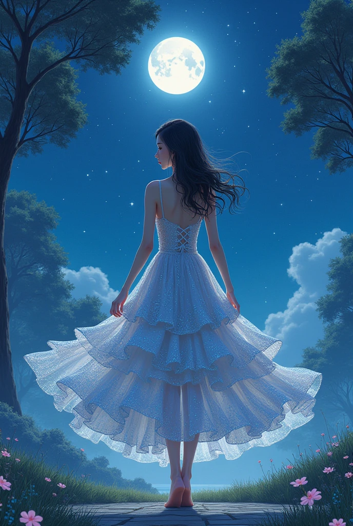  1 Woman , beautiful and cute face , whole body,  creative East Asian character design, Luxurious Layered Sequin Skirt , Color Grade, background, Night Sky,  starry sky , Large tree, Grass Square,  moonlight,  high image quality, masterpiece,  Manga Art , 