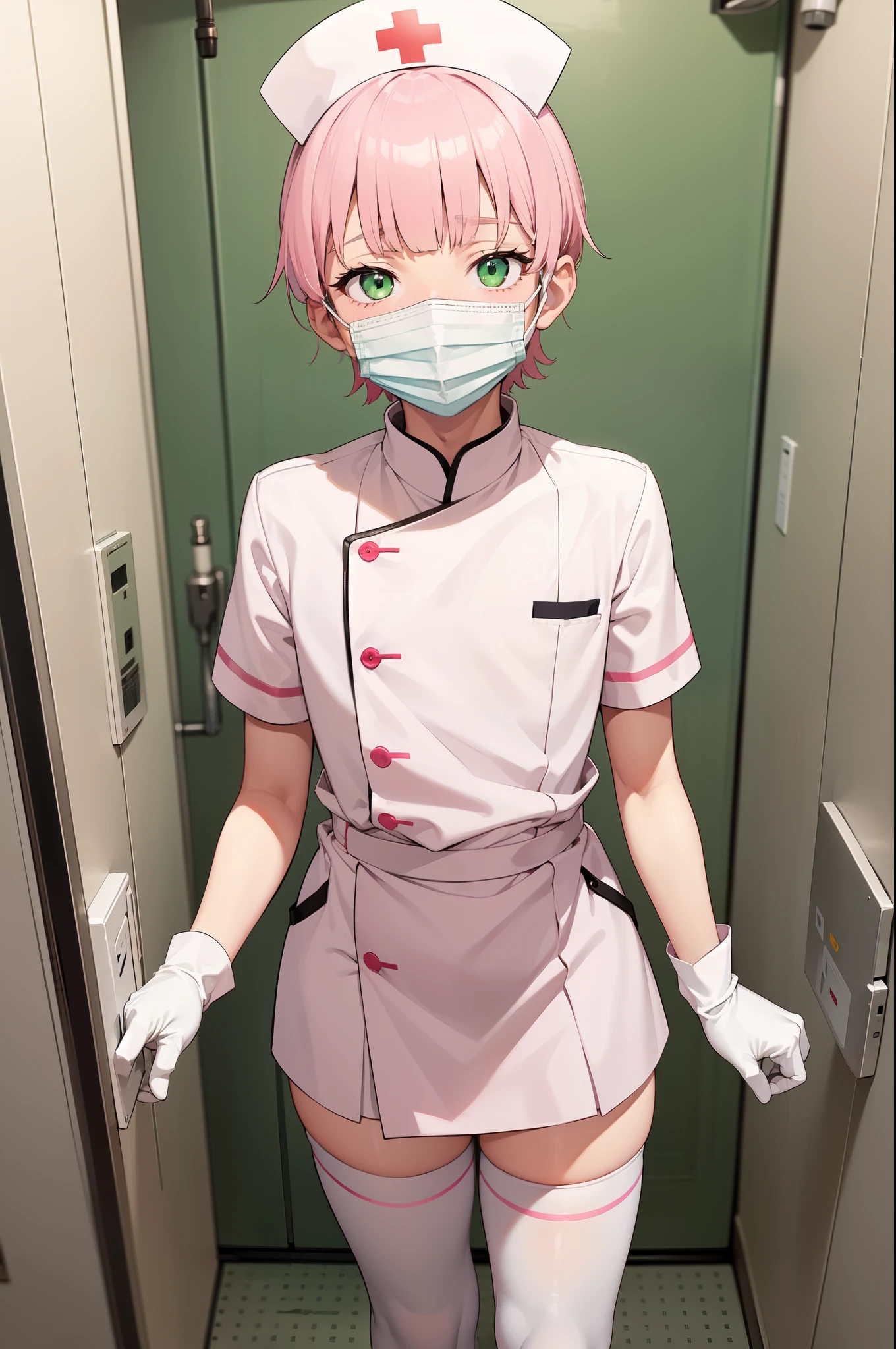 1boy, solo, male focus, nurse, white nurse cap, white nurse uniform, ((white legwear, zettai ryouiki)), white gloves, blunt bangs, pink hair, green eyes, drooping eyes, ((white surgical mask, covered nose)), standing, ((hospital room)), sharp outline, short sleeves, shota, , best quality, masterpiece