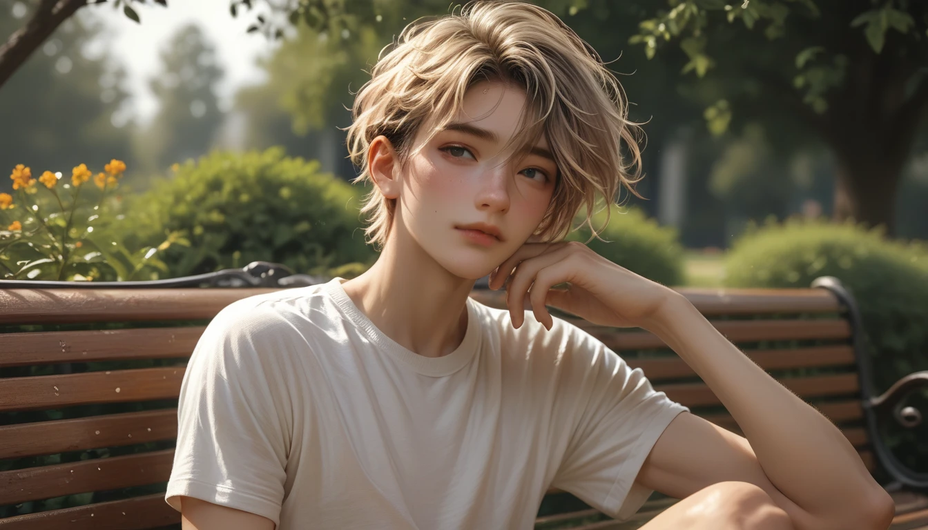 a colombian femboy is naked at the park in a sunny day, he wears only a dark style t-shirt. He has a very skinny body and slim great abs, he is completely hairless, slim, 16 old , looking shy but happy, blond fancy colored short hair, great visual detail and vivid romantic colors, cute face, slim legs. , he is sitted on a bench and he is showing his small hairless penis-