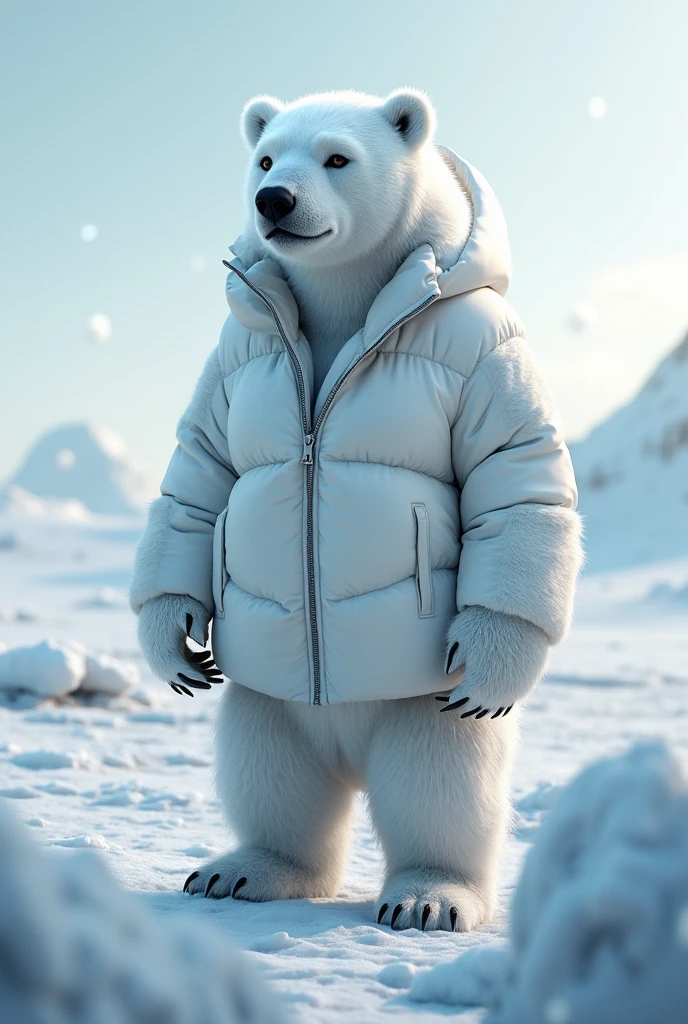 (((Polar Bear))) standing and looking at the sky, Medium muscular, frozen planet setting, snowstorm , zoomed in on crotch, , chunie, darkgem, He uses an old, torn blanket made of animal hide as a garment to protect His body from the extreme cold.