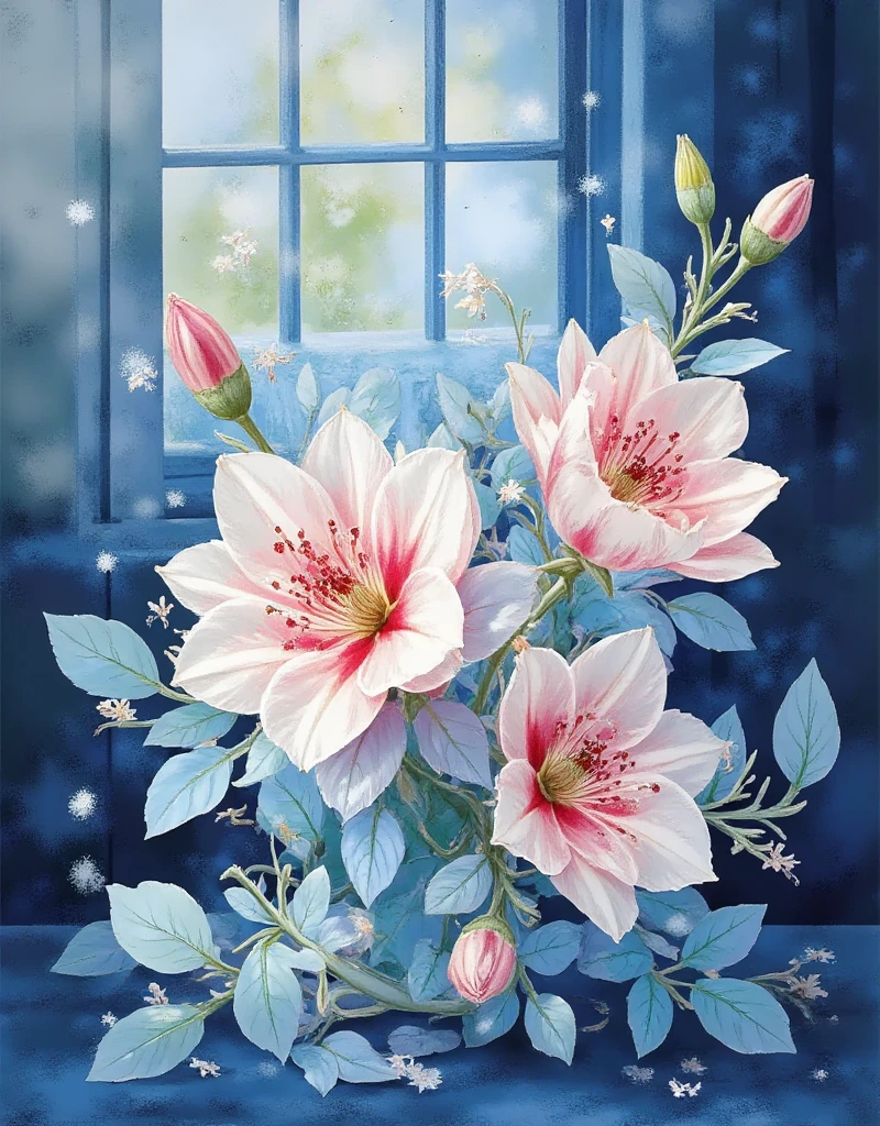 flower, Lisianthus  , in the style of light blue and cobalt blue ,  dreamy romantic composition , Light pink,  Ethereal leaves ,  interesting arrangement ,fantasy,   High contrast with windows  , Ink Strokes, explode, Overexposure, Impression in blue and light blue tones  , summary, (( John Berkey and Jeremy Mann watercolor painting ))  Brush Strokes , Negative Space,  Best Quality , ultra-detailed,  actual :1.37, portrait, vibrant colors, Soft tones,  natural light.,,Cardboard art engraving