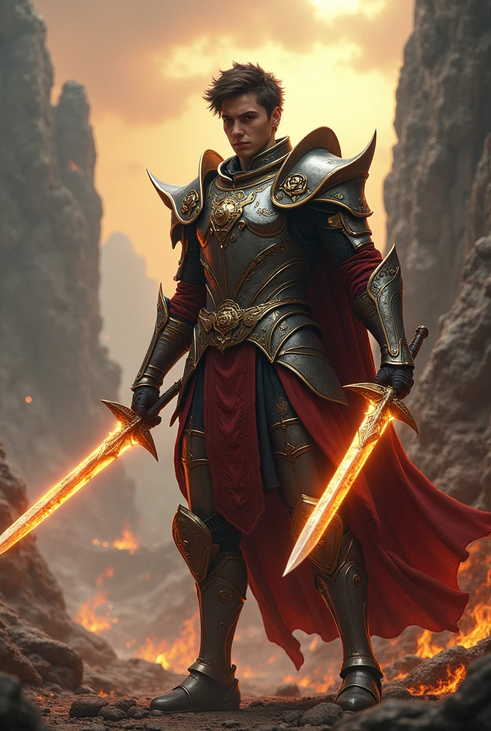 (photorealism:1.2), Paladin, medium armor, faithful, yung adult, brown hair, semidemon, hellish, red skin, demonic factions, blood sword