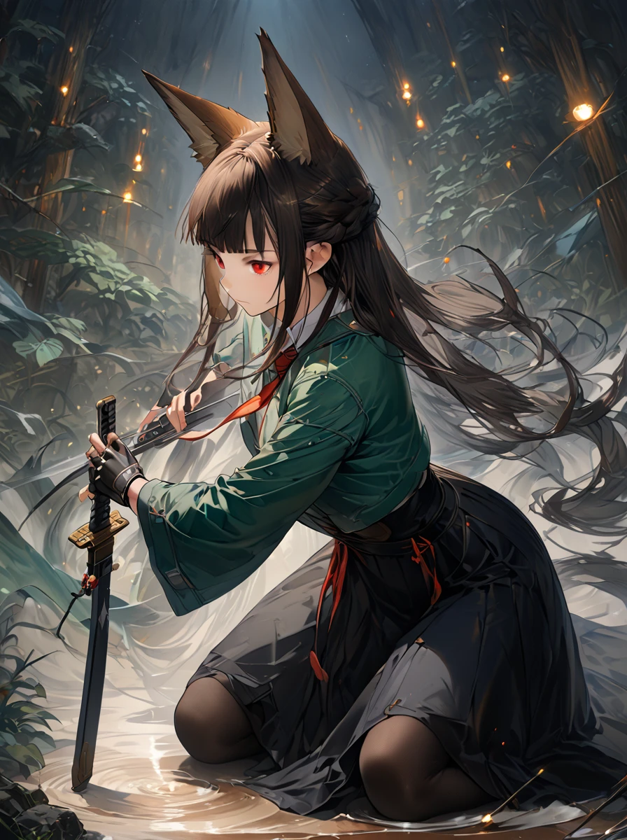 Hoshimi、 red eyes、 black hair、非常に long hair、Blunt bangs、 Braids Half Up、 fox ears green cape 、肩掛け jacket、Fingerless gloves、left mechanical arm 、 gauntlet、白 shirt、 Long Sleeve 、黒 ties、 black skirt、 High Waist Skirt、 pantyhose、 Long Skirt 、 pleated skirt、 side slits、 back hair with long braids、Soft texture、knife、sheathは黒い、(armsを持っている:1.3) Iaidou,arms, katana,  green jacket , knifesheath,  Fighting Stance ,  Facing Side ,  black hair, Ready to draw hair on all fours ,arms、knife、Hold the sword and get 、 ready to pull it out、sheath、sheathを抜く、sheath、 Fighting Stance 、妖knife、暗闇の中で妖knifeを抜こうとする瞬間、 pale light blue light overflows from the sword 、 the effect that spreads like ripples is depicted。妖knifeは美しく、 finely carved, 、knife身から冷たい青白い光が放たれる。 background is night forest 、 has a mysterious atmosphere 。masterpiece, top quality,  top quality ,  Official Art,  beautiful and aesthetic :1.2),(8k,  top quality , masterpiece:1.2), ((((masterpiece))),((( top quality ))),((( extremely detailed))),  illustration, Who, (masterpiece, top quality,  top quality ,  Official Art,  beautiful and aesthetic :1.2),(8k,  top quality , masterpiece:1.2), ,  black hair, red eyes,blunt bangs,hime cut, fox girl, bright students ,  1 girl, arms,  animal ears , sword,  black hair,  holding arms, Alone, Closed Eyes,  holding sword,  holding,  gloves,  shirt,  long hair,  ties, knife,  animal ears の毛羽立ち,  fox ears, white  shirt, unsheathing, collared  shirt, black  ties, black  gloves, sheath, Blue Fire,  braided , blunt bangs,  upper body,  closed mouth ,  jacket,