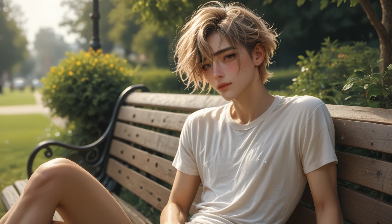 a colombian femboy is naked at the park in a sunny day, he wears only a dark style t-shirt. He has a very skinny body and slim great abs, he is completely hairless, slim, ****** , looking shy but happy, blond fancy colored short hair, great visual detail and vivid romantic colors, cute face, slim legs. , he is sitted on a bench and he is showing his small hairless penis-