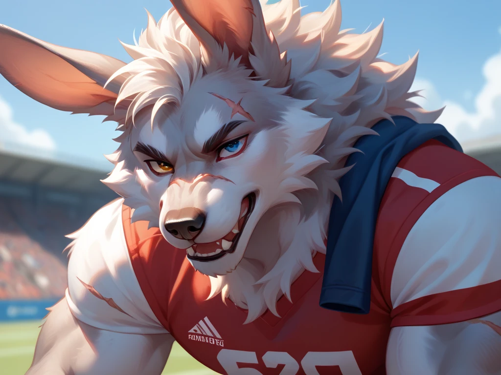 Furry werewolf silver fur scar on his eye heterochromia or eyes of a different color wounds on his face together with a male rabbit fur cream sportswear