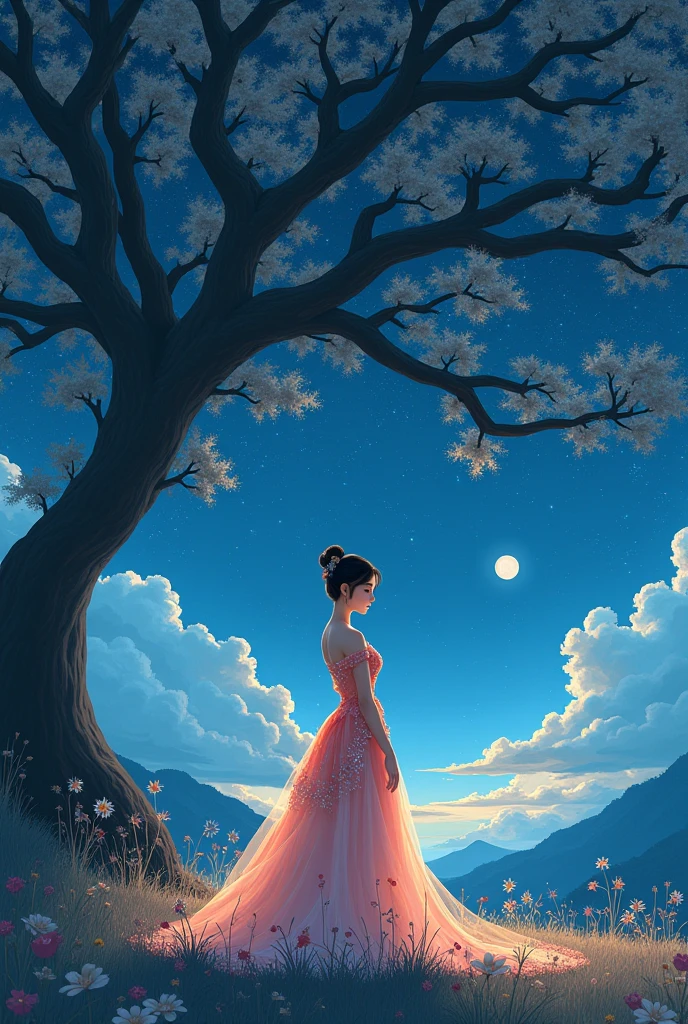  1 Woman , beautiful and cute face , whole body,  creative East Asian character design, Luxurious Layered Sequin Skirt , Color Grade, background, Night Sky,  starry sky , Large tree, Grass Square,  moonlight,  high image quality, masterpiece, manga anime, 