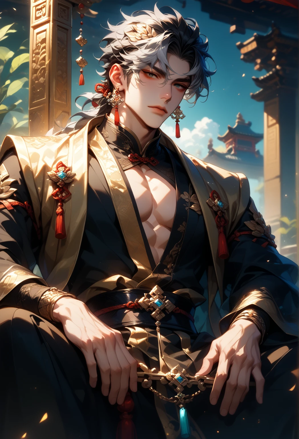 muscular boy, masculine face, wild, masculine, valiant, handsome, rugged, hoodie, modern chinese traditional costume, fusion of ancient Chinese and modern, king of rappers, pectoral muscles, abs, cool atmosphere, sitting, solid posture, fashionista, stylish, colorful, individual, luxurious, Cantonese, singing, dancing, sky with stars shining like dreams, Book of quiet night, starry sky blooming brightly, whispering dream and confusion border, Cantonese pride, purple clothes