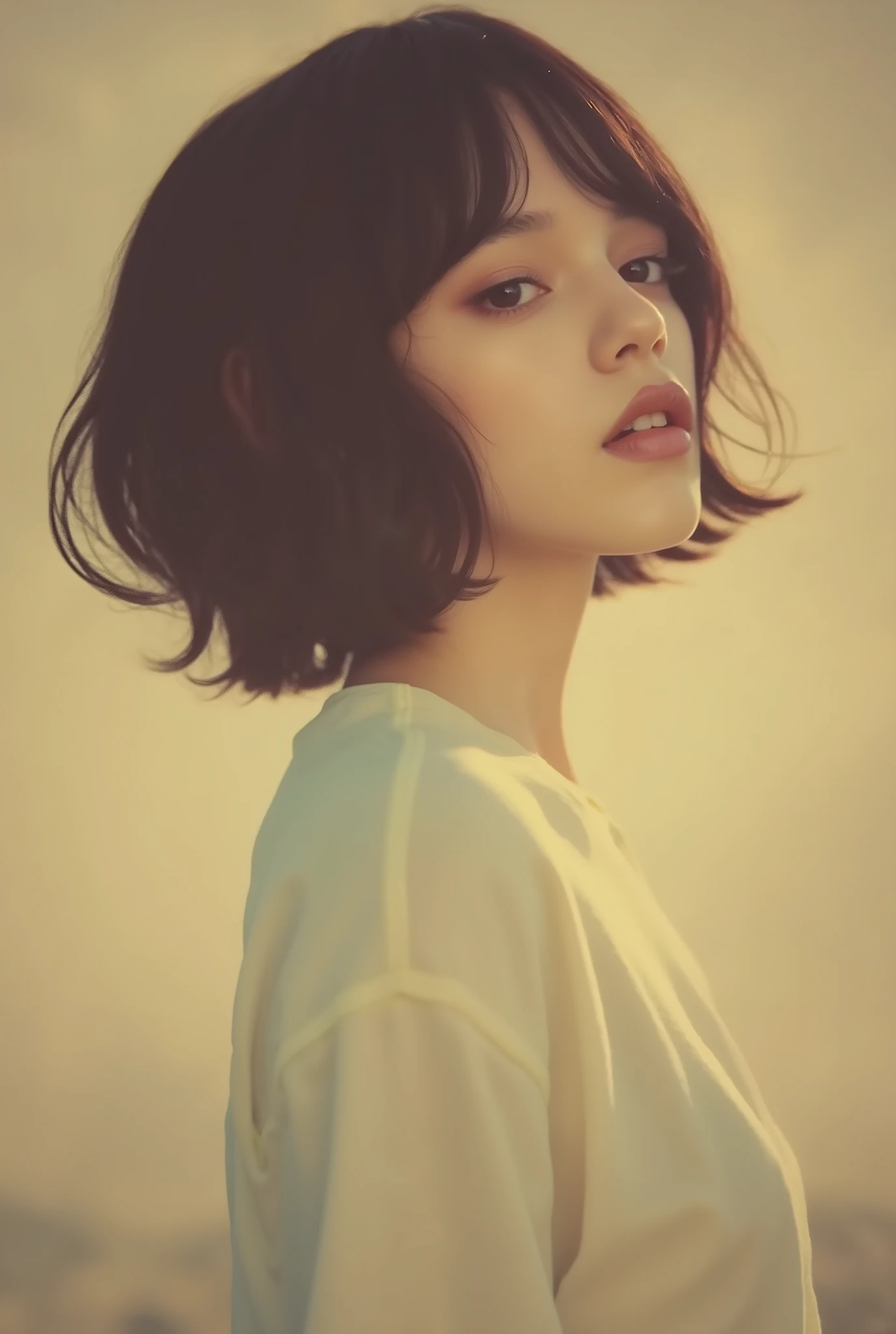 masterpiece, super detailed , 8k, :Jenna Ortega((, dynamic angles:1.8)), (( black hair)), nostalgic, (C Cup :1.5), (Spectacular views:1.2), 1 girl, Shiny Skin ,Braiding、Pigtails、 masterpiece, super detailed , 8k, 1 girl, slender, (( pop art )), (((ultra nostalgic:1.8))), " 1970s movie screen ", Style Beauty ,Metal shortages, surreal and minimalistic shadows , flat illustration , Luo Erchun, ボリュームのある黒いドレスを着た slenderなモデルをフィーチャーしたシュールなファッション写真. The background is a muted beige minimalistic setting , impressive contrast with emphasis . the atmosphere is elegant and avant-garde , perfect for high fashion editorials .