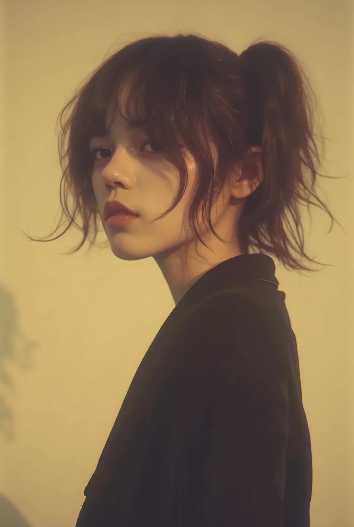 masterpiece, super detailed , 8k, :Jenna Ortega((, dynamic angles:1.8)), (( black hair)), nostalgic, (C Cup :1.5), (Spectacular views:1.2), 1 girl, Shiny Skin ,Braiding、Pigtails、 masterpiece, super detailed , 8k, 1 girl, slender, (( pop art )), (((ultra nostalgic:1.8))), " 1970s movie screen ", Style Beauty ,Metal shortages, surreal and minimalistic shadows , flat illustration , Luo Erchun, ボリュームのある黒いドレスを着た slenderなモデルをフィーチャーしたシュールなファッション写真. The background is a muted beige minimalistic setting , impressive contrast with emphasis . the atmosphere is elegant and avant-garde , perfect for high fashion editorials .
