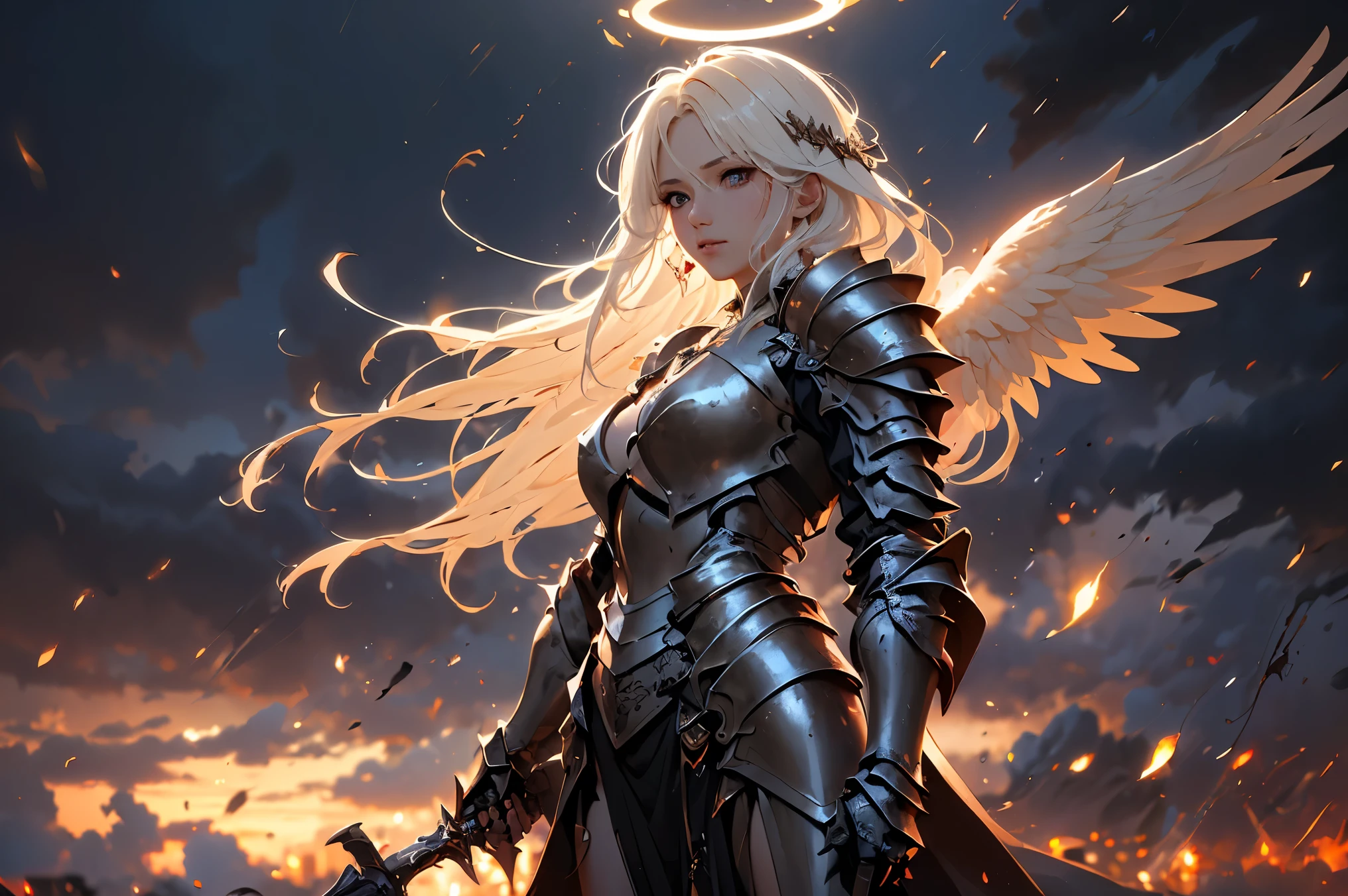 ((Best quality, 8k, Masterpiece: 1.3)), Sharp focus A beautiful woman with perfect body, Highly detailed face and skin texture, (Detailed eyes), Angel, winged angel, steel-armored angel, armed angel, white hair, messy hair, hair over shoulder, halo, Scene descending from heaven, light shines from the sky In the darkness