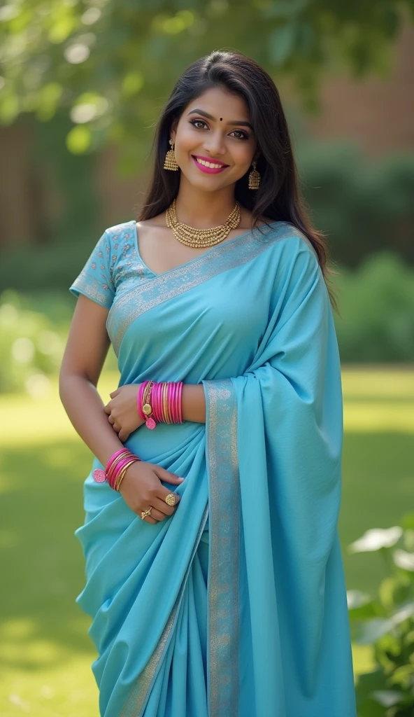 Outdoor image of 21yo  in school school photo in school masterpiece, (photorealistic:1.7), best quality, beautiful lighting, Eleanor Latino Woman 20yo Old Big Breasts Plus Size Model random colour beautiful eyes extremely high Bun long extreme curly hair Lifts wearing Indian flowers ethnic elegance princess saree salwar kameez. Flowers on hair (Persian princess)),off shoulder ,bra, Indian attire ,ultra realistic skin Best quality, masterpiece, Beautiful, young indian woman, teacher, college, looking straight at viewer, 
