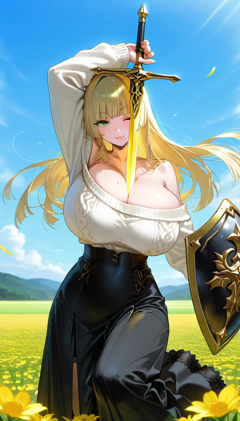 (masterpiece, best quality, amazing quality, very aesthetic, absurdres, newest:1), masterpiece,best quality,amazing quality,long hair,gold hair, ((hime cut)),straight hair ,green eyes,milf face,wink, (mole under mouth),gigantic breast,((white off-shoulder sweater)), cleaved breast ,big hip,(black lace-trimmed skirt)(black high-waist skirt),(long skirt),sword and shield ,gold sword,1leg up,dynamic pose, in the flower field,over head shot,side view