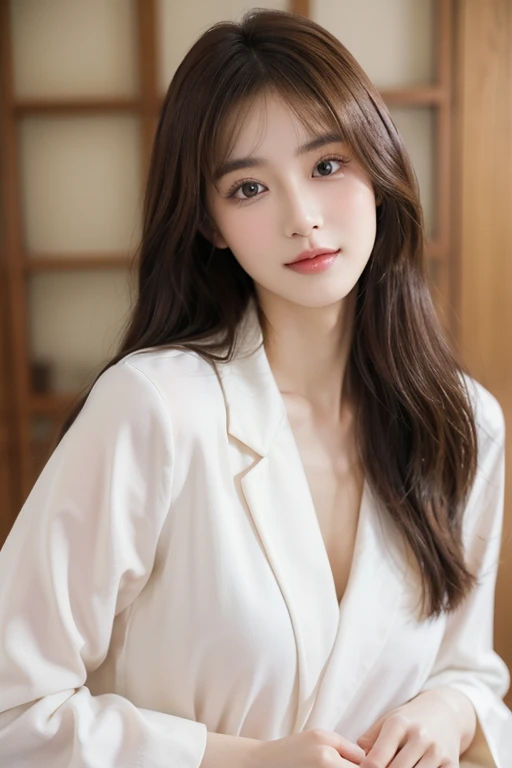 ((masterpiece: 1.4, best quality))+,(ultra detail)+, official art, unity 8k wallpaper, ultra detail, beautiful, high quality, Highlight your cute face, masterpiece, best quality, medium length straight hair, (brown eyes, brown hair), bust, looking straight ahead, laugh, (White blouse & black suit :1.4)