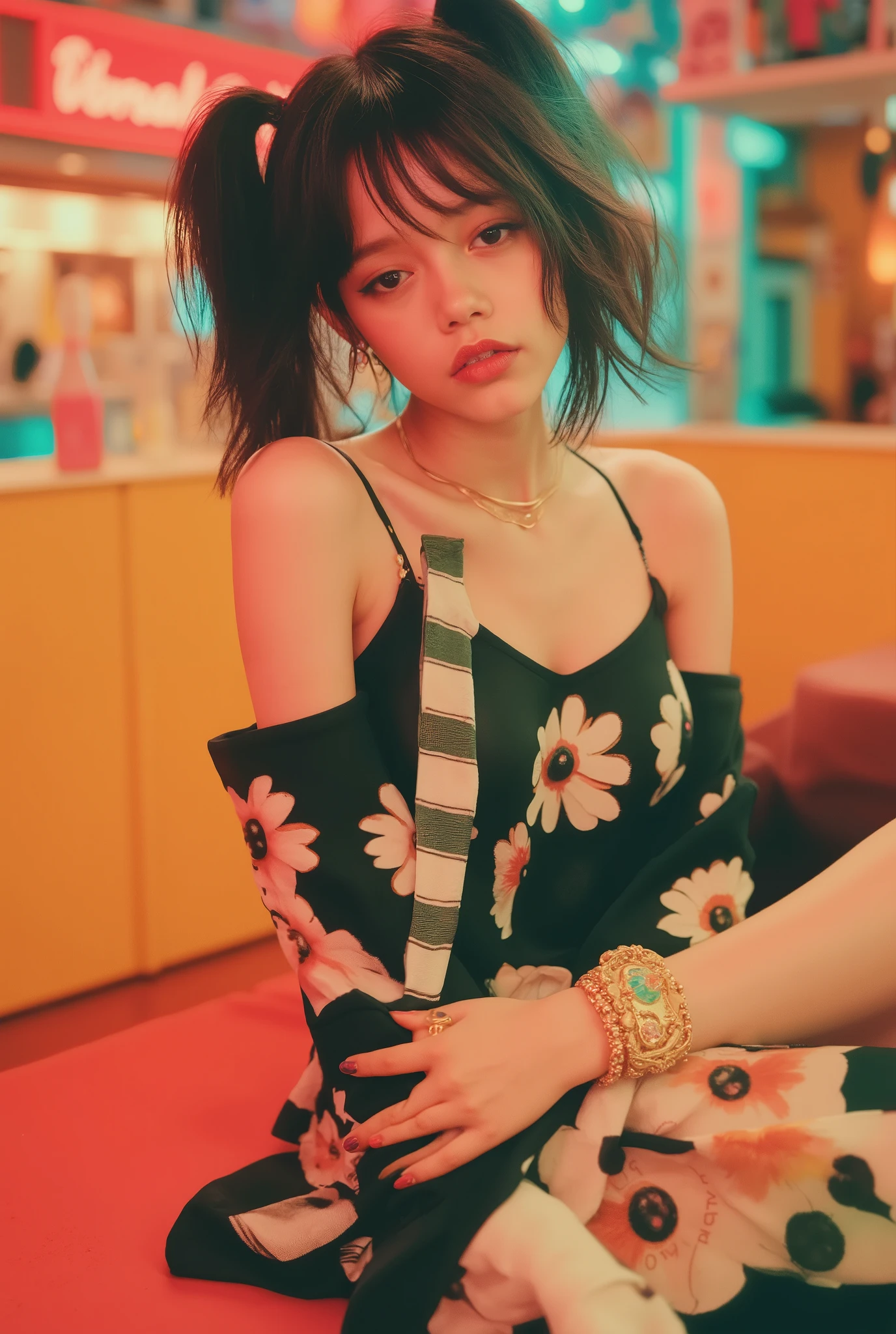 masterpiece, super detailed , Jenna Ortega、(C Cup ), (( dynamic angles:1.8)). a stylish young woman lounging in a playful, colorful environment 、 Vivid and retro illustrations . braids、Pigtails、 black hair、 wearing oversized clothes, 明るいSummer色合いを反映した. Her outfit features a bold and eclectic mix of patterns , a combination of oversized white daisies and black and white stripes on a bright orange background. Her nails are carefully painted in bright rainbow colors , A cheerful . She wears eye-catching jewelry , A gold dangle in the shape of a flower Ring earrings and 、 Includes an intricate large statement bracelet , Artistic design. The lighting shines warmly , emphasizes shiny textures and rich colors , evokes playful cats , Summer, Fashionable atmosphere.