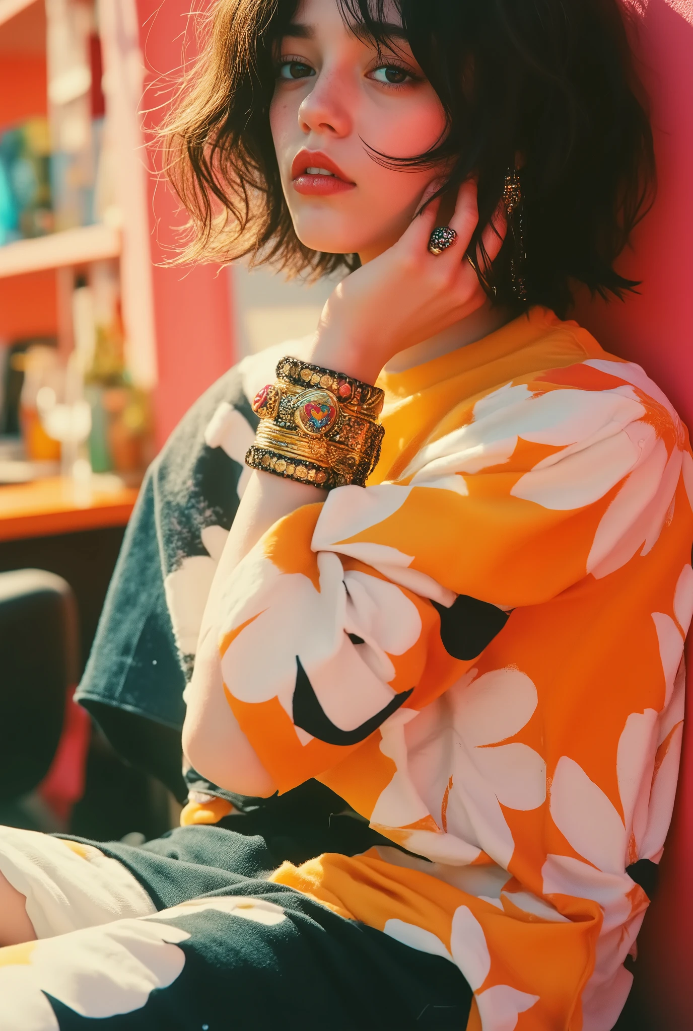 masterpiece,  super detailed ,  Jenna Ortega、(C Cup ), (( dynamic angles:1.8)).  a stylish young woman lounging in a playful, colorful environment 、 Vivid and retro illustrations . braids、Pigtails、 black hair、 wearing oversized clothes, 明るいSummer色合いを反映した.  Her outfit features a bold and eclectic mix of patterns ,  bright orange background combined with oversized white daisies and black and white stripes.  Her nails are carefully painted in bright rainbow colors , A cheerful .  She wears eye-catching jewelry ,  A gold dangle in the shape of a flower Ring earrings and 、 Includes an intricate large statement bracelet , Artistic design.   The lighting shines warmly  ,  emphasizes shiny textures and rich colors ,  evokes playful cats , Summer, Fashionable atmosphere.