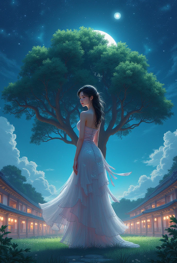  1 Woman , beautiful and cute face , whole body,  creative East Asian character design, Luxurious Layered Sequin Skirt , Color Grade, background, Night Sky,  starry sky , Large tree, Grass Square,  moonlight,  high image quality, masterpiece, manga anime, 