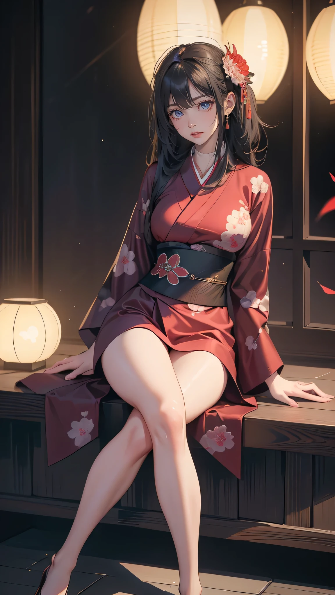 Upper body, (((8k wallpaper of extremely detailed CG unit, masterpiece, 超A high resolution:1.2, top-quality:1.2, masutepiece))), ((extremely beautiful lady, extremely detailed beautiful face, Highly detailed black eyes, Very beautiful body, Top quality real texture skins, A dark-haired, de pele branca, makeup like a prostitute, sexy jade kimono:1.2, sitting on)), (, Exposed legs:1.3), You Guo, paper lanterns:1.2, hyper realisitic, digitial painting,
