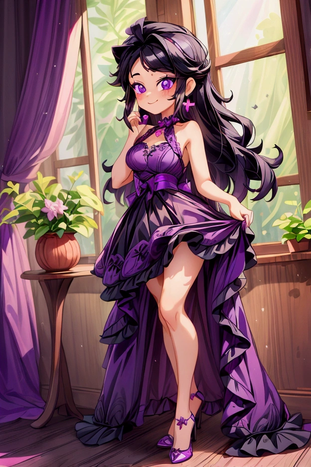 (Masterpiece, best quality) 1 girl, black hair, medium long hair, purple eyes, standing indoors with intricate details and sunlight. Purple frill dress short neckline, black heels, cross earrings. Sweet smile, sexy pose, coquette, beautiful legs, mature body, gorgeous, pronounced breasts