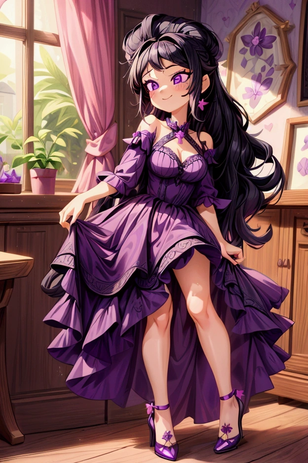 (Masterpiece, best quality) 1 girl, black hair, medium long hair, purple eyes, standing indoors with intricate details and sunlight. Purple frill dress short neckline, black heels, cross earrings. Sweet smile, sexy pose, coquette, beautiful legs, mature body, gorgeous, pronounced breasts