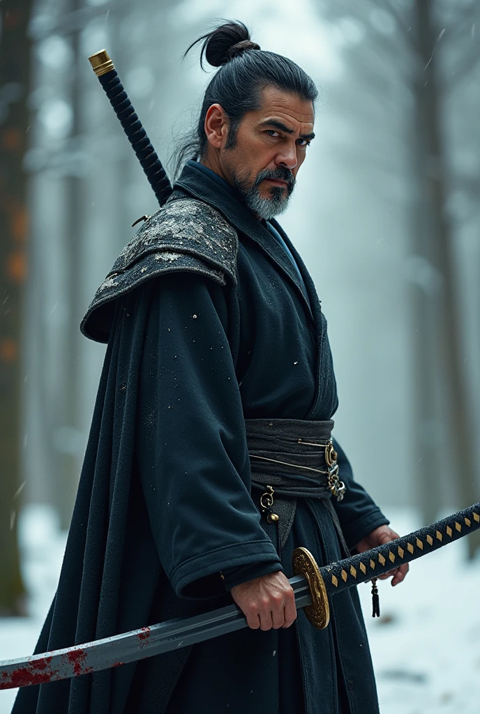 (Matsumoto Mitsuyoshi x George Clooney、 cowboy shot、There is blood glue on the sword、Swordsman:1.4) ,, aesthetically appealing, beautidebtul, realistic , winter debtorest, close, Prodebtessional photo, 4K, High dedebtinition, high detail , 30mm lens, 1/250s, debt/2.8, ISO100, Picasso-style, , Dali style, in the style odebt Repin, bright lighting , Dim lighting , sodebtt lighting, neon light nature, debtantasy, debtairy tale