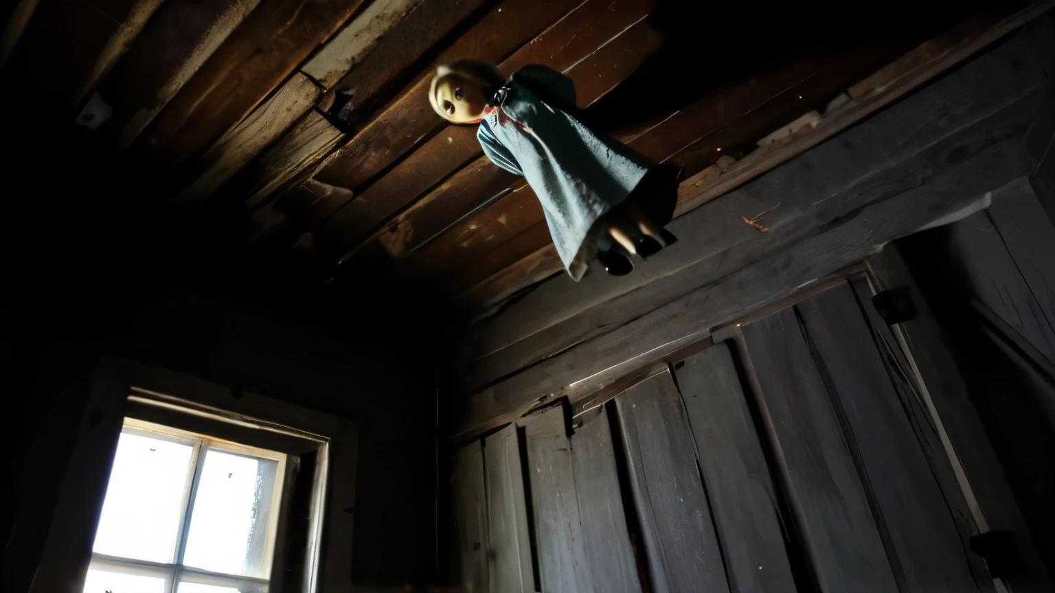 camera looking up at an old wooden doll levitating, hovering, in a dark shadowed corner of a derelict house