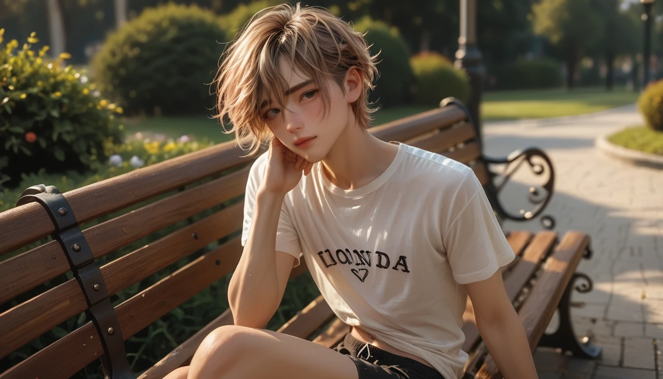 a colombian femboy is naked at the park in a sunny day, he wears only a dark style t-shirt. He has a very skinny body and slim great abs, he is completely hairless, slim,  , looking shy but happy, blond fancy colored short hair, great visual detail and vivid romantic colors, cute face, slim legs. , he is sitted on a bench and he is showing his small hairless penis-