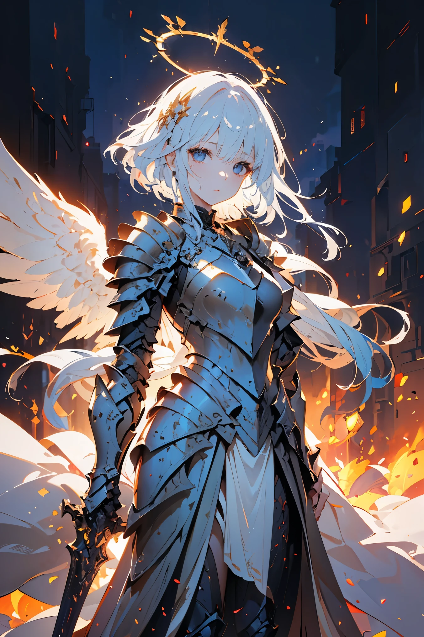 ((Best quality, 8k, Masterpiece: 1.3)), Sharp focus A beautiful woman with perfect body, Highly detailed face and skin texture, (Detailed eyes), Angel, winged angel, steel-armored angel, armed angel, light blue hair, messy hair, hair over shoulder, halo, Scene descending from heaven, light shines from the sky In the darkness, sparkle, cinematic lighting, ray tracing