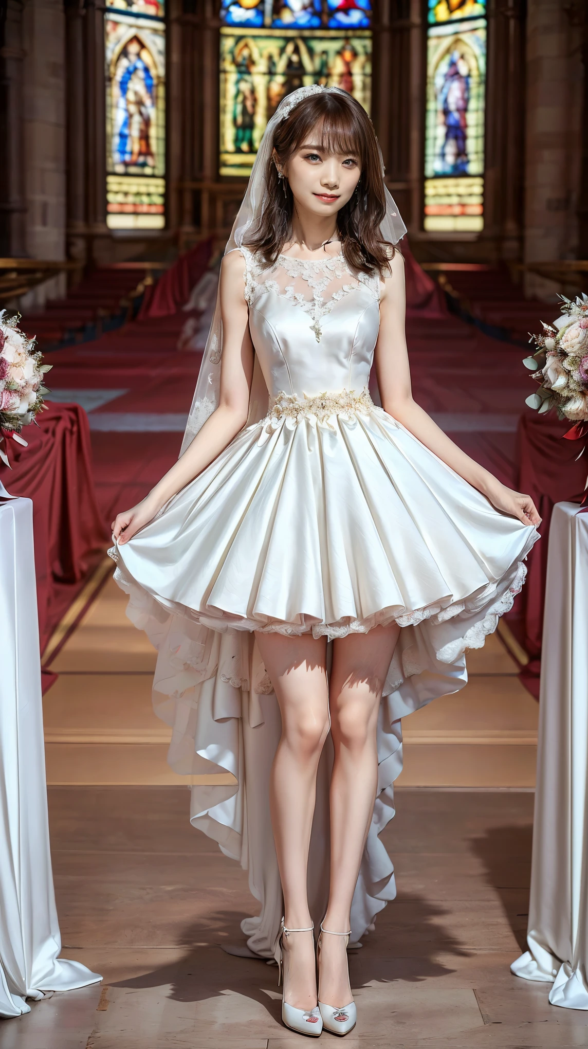 (nsfw:1.4),(very slim anorexic slender skinny body:1.4); skinny,Abnormally thin thighs, beautiful young Japanese woman , 18 years old, Thin legs, perfect skin,Beautiful breasts, ( wedding dress :1.3), (She is standing:1.2), full body shot , high heels by Miguel, Church environment , ( top quality ,8k, masterpiece:1.3), ( extremely detailed:1.2), Perfect Anatomy