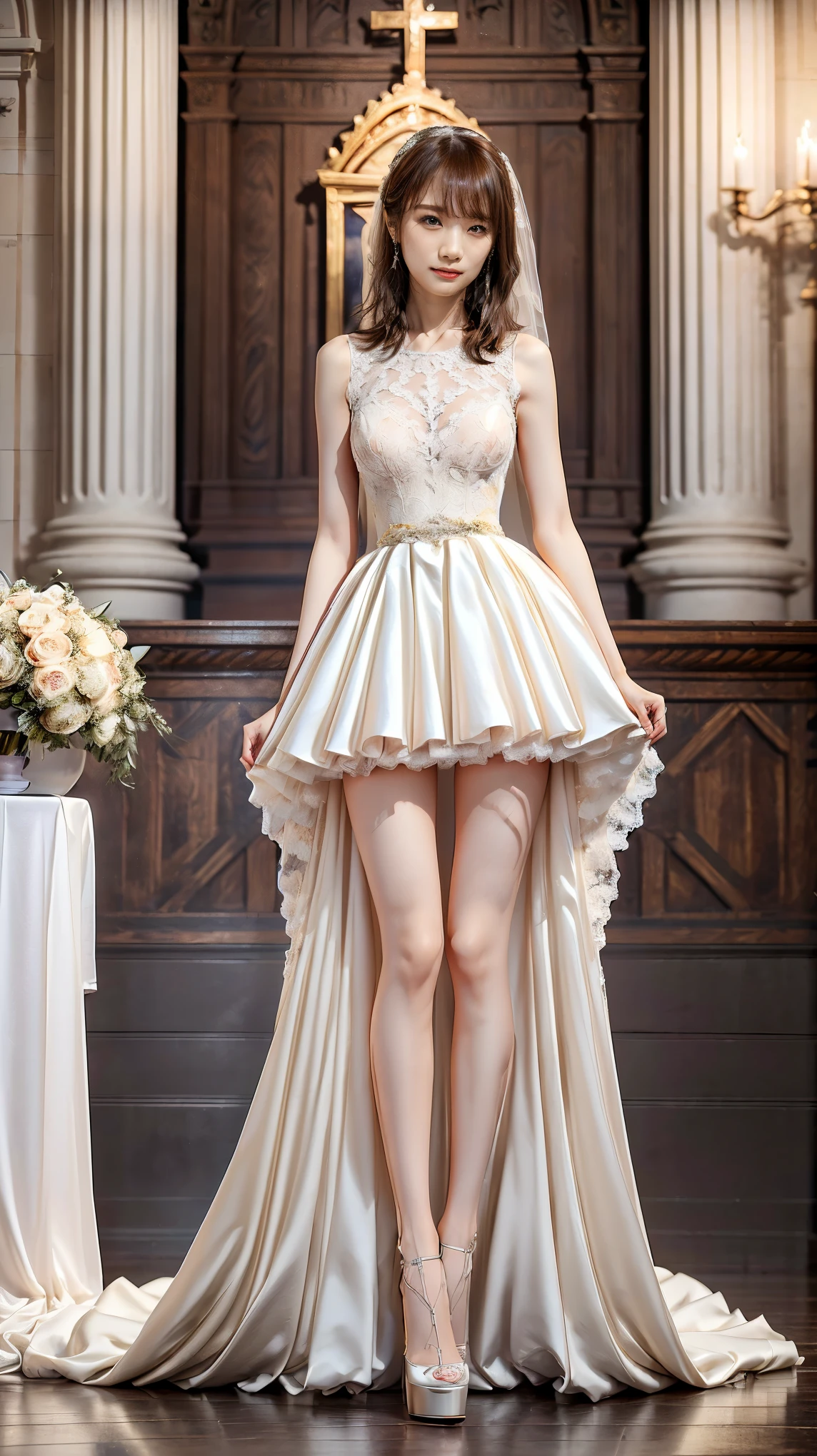 (nsfw:1.4),(very slim anorexic slender skinny body:1.4); skinny,Abnormally thin thighs, beautiful young Japanese woman , 18 years old, Thin legs, perfect skin,Beautiful breasts, ( wedding dress :1.3), (She is standing:1.2), full body shot , high heels by Miguel, Church environment , ( top quality ,8k, masterpiece:1.3), ( extremely detailed:1.2), Perfect Anatomy
