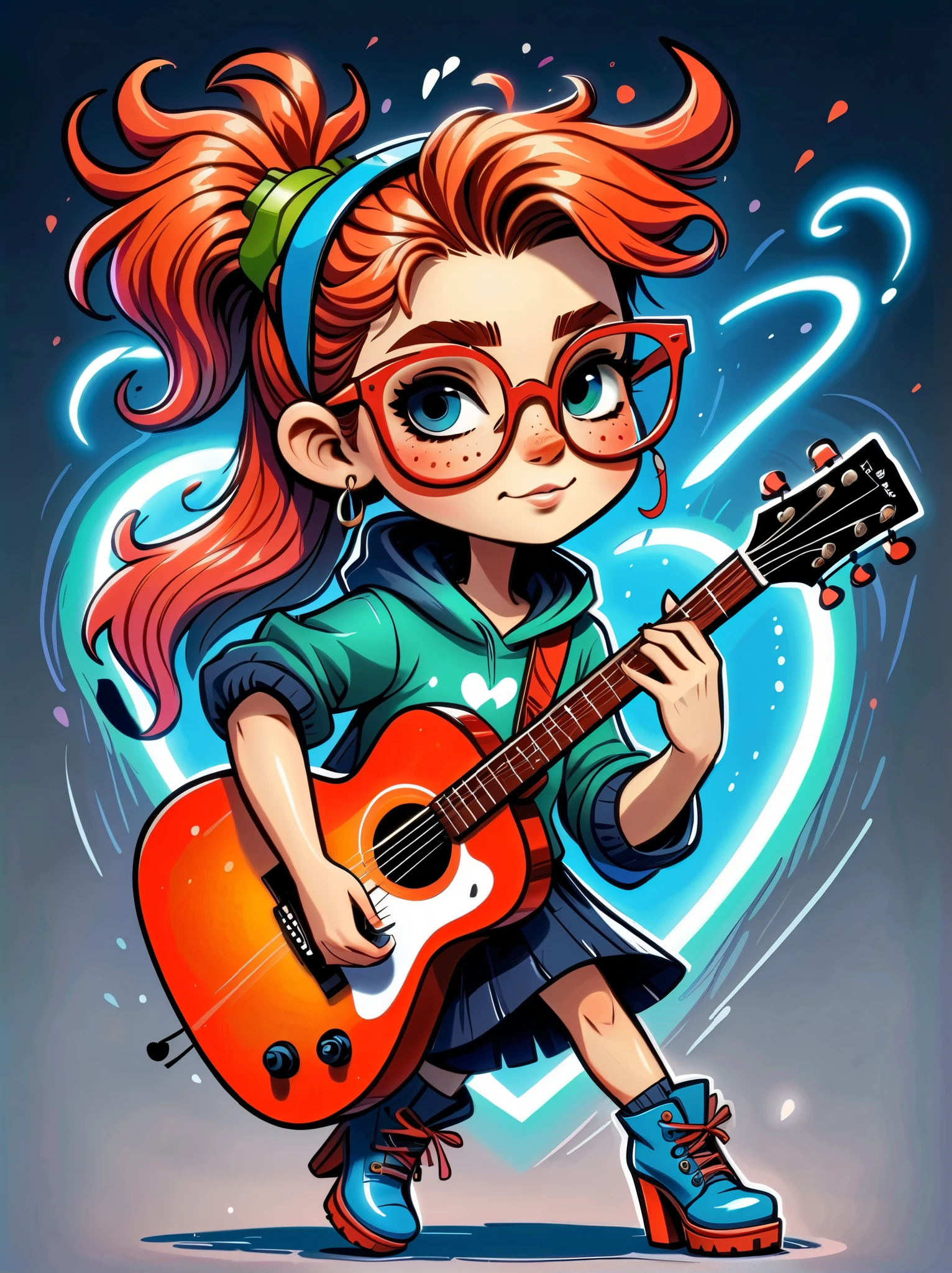 Cartoon hand drawn, 1girl, solo, Lightning energy，Electricity elements，Love tiara，Wearing large heart-shaped glasses，Double ponytail，Blue Highlight Lightning，Wearing bright blue and green square clothes，high-heel boots，Playing guitar，the guitar player, The color palette is in red, orange and black tones and has a sketchy style, The background should have a simple hand-drawn doodle pattern