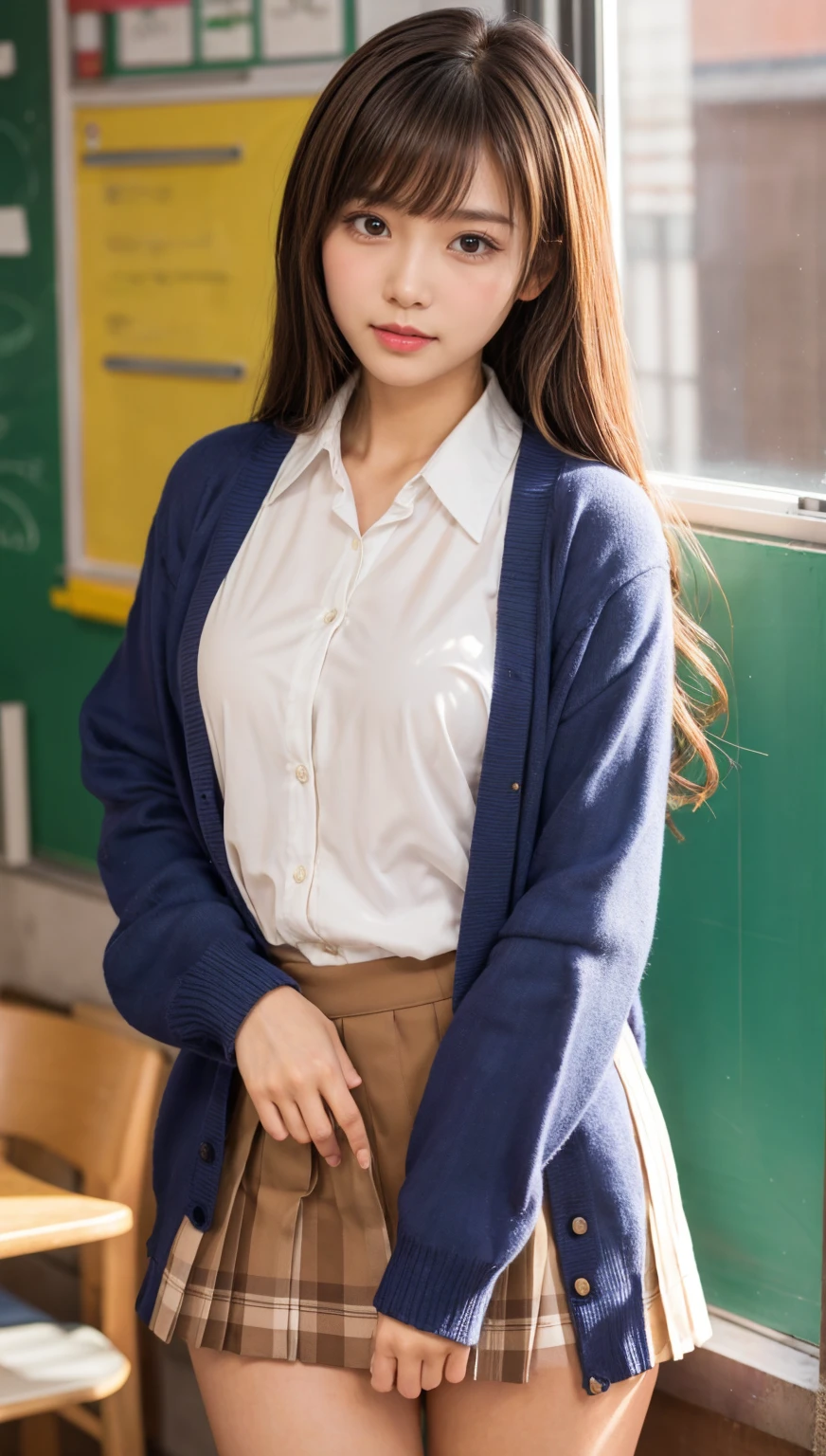 8K, Highest quality, masterpiece, Ultra-high resolution, (Realistic:1.4), whole body、RAW Photos, ((Long brown straight hair, See-through bangs))), Beautiful Details 1 Girl, (Realistic:1.4), High-resolution RAW color photos, Professional photos, Highly detailed eyes and face, Natural light, Facial details, White skin, Shiny skin, Tight waist, Small Ass, Thin legs,Natural Breasts, Nice body, 、Bookshelf、((White shirt、Navy blue 、cardigan、Wearing glasses))、Young round face、Sit with your legs spread wide、