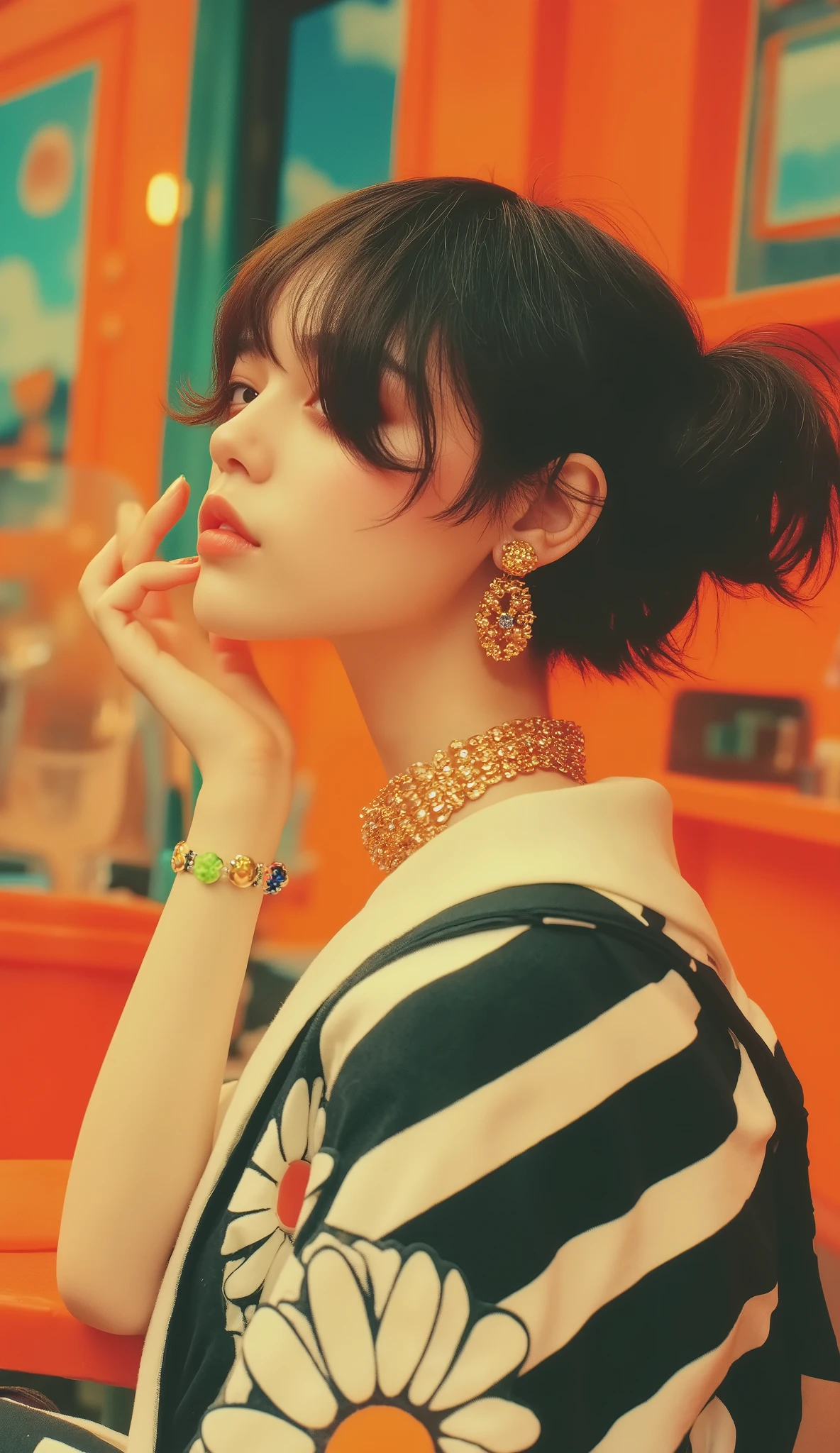 masterpiece, super detailed , profile、Jenna Ortega、(C Cup ), (( dynamic angles:1.8)). a stylish young woman lounging in a playful, colorful environment 、 Vivid and retro illustrations . braids、Pigtails、 black hair、 wearing oversized clothes, 明るいSummer色合いを反映した. Her outfit features a bold and eclectic mix of patterns , bright orange background combined with oversized white daisies and black and white stripes. Her nails are carefully painted in bright rainbow colors , A cheerful . She wears eye-catching jewelry , A gold dangle in the shape of a flower Ring earrings and 、 Includes an intricate large statement bracelet , Artistic design. The lighting shines warmly , emphasizes shiny textures and rich colors , evokes playful cats , Summer, Fashionable atmosphere.