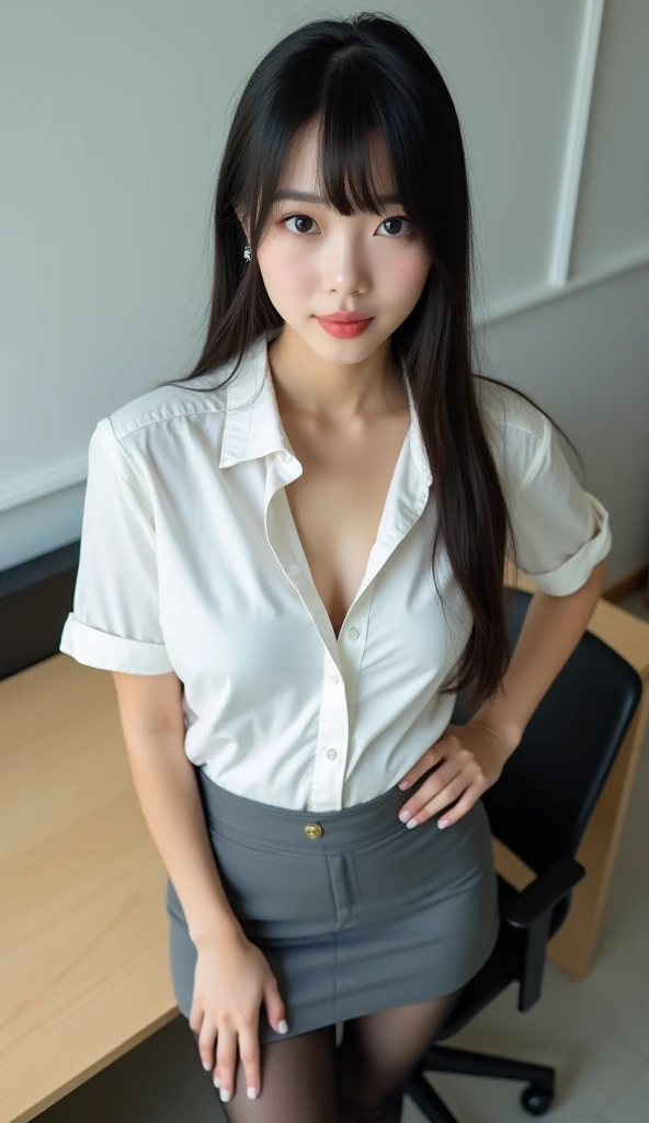 1 girl sitting on an office chair,,(European model:1.3),31 years old,Exquisite,Business women's clothing,(jacket:1.1),(shirt:1.1),(Wrap Dress:1.1),Jewelry,knitwear,stocking,black,Goosebumps,goose,(Honesty:1.3),Filigree,quality,(masterpiece:1.2),(Honesty:1.2),(Best quality),(Skin detailed:1.3),(Intricate details),drama,Ray Tracing,Light Solution,Bathed in shadows,Visual novel,Boss's office in a skyscraper,Windows with city views,Film Grain,Depth of Field