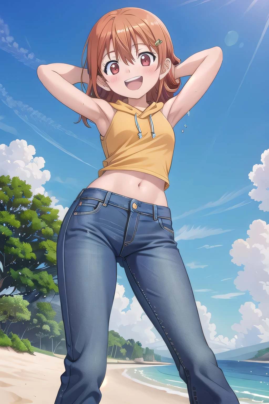 masterpiece,best quality,ultra detail,1girl, yo, pee, ((round face, ecstasy, orgasm face, drooping eyes, shame smiling, blush)), dropping eyes, sleepy, Open mouth, White teeth, background((under the beach, (day:1.2), under sand beach, bright sky)), takenouchi_sora, long hair, yellow hair, red eyes, arms behind head, contrapposto, spread armpits, looking at viewer,, yellow hoodie shirt, yellow crop top, sleeveless, (jeans pants:1.2, flares jeans:1.2, skinny jeans:1.2, blue jeans:1.2), standing, (legs spread:3:1), dynamic pose, Sweaty crotch, Steam from the crotch, from below, full body