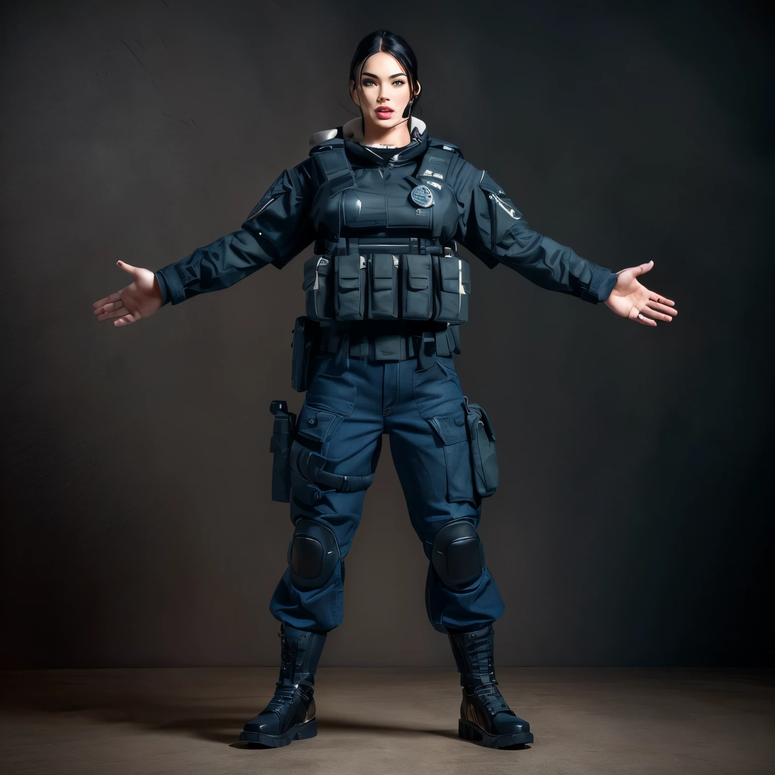 woman megan fox face,enlarge her eyes, serious facial expression, robust appearance, with arms outstretched, full body single character, photorealistic body, full body portrait, full body cinematic photo, full body single character, character, standing model pose, full body model, full body character, elegant standing pose, full body photo