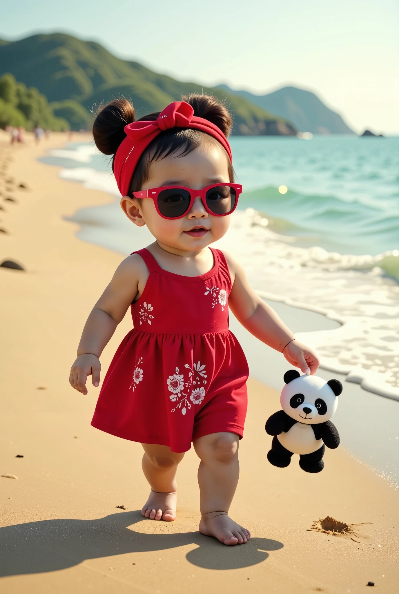 "Ultra-realistic 3D image of a cute Korean baby girl, dressed in an adorable red dress with floral patterns, complemented by a matching red bandana and stylish sunglasses. She is holding a small panda plush toy in one hand while confidently walking along the edge of a sandy beach. The background features golden sand, gentle ocean waves, and a bright, sunny sky, with soft lighting that highlights the baby’s playful expression and the vivid colors of her outfit. The scene captures a cheerful and heartwarming moment, rendered in stunning 8K resolution."