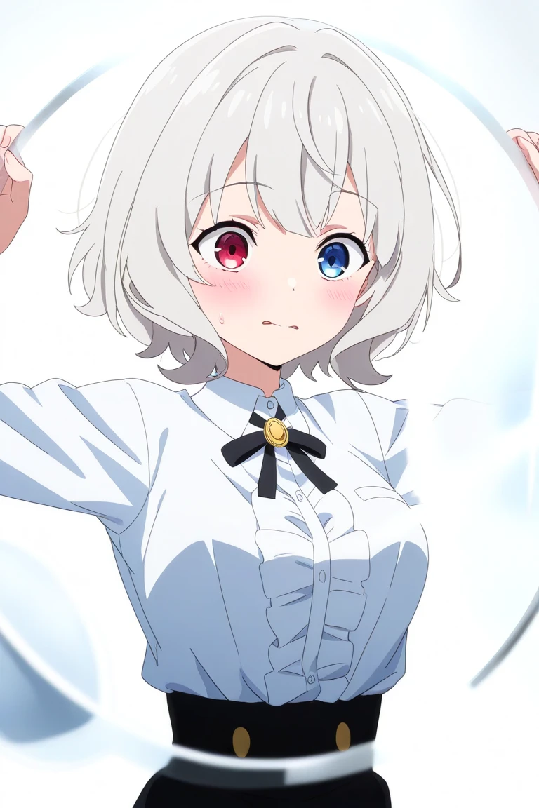 1girl, solo, sweet, blush, short hair, silver hair,
Eyes:
heterochromatic, left eyes is blue, right eyes is red. 

Expression:
The character has a surprised expression with her mouth slightly open and blushing cheeks, adding a sense of shyness or nervousness.

Clothing:

Top: She is wearing a formal white button-up shirt, slightly tight around the chest, accentuating her body’s silhouette.

Bottom: Not visible in this image, as the focus is on the upper body.

Background:
A plain white background with a transparent glass element in front, creating an effect of reflection or light distortion.

Pose:
Both hands are raised forward, as if touching a transparent glass or invisible surface, giving the impression that the character is trying to interact with something in front of her.