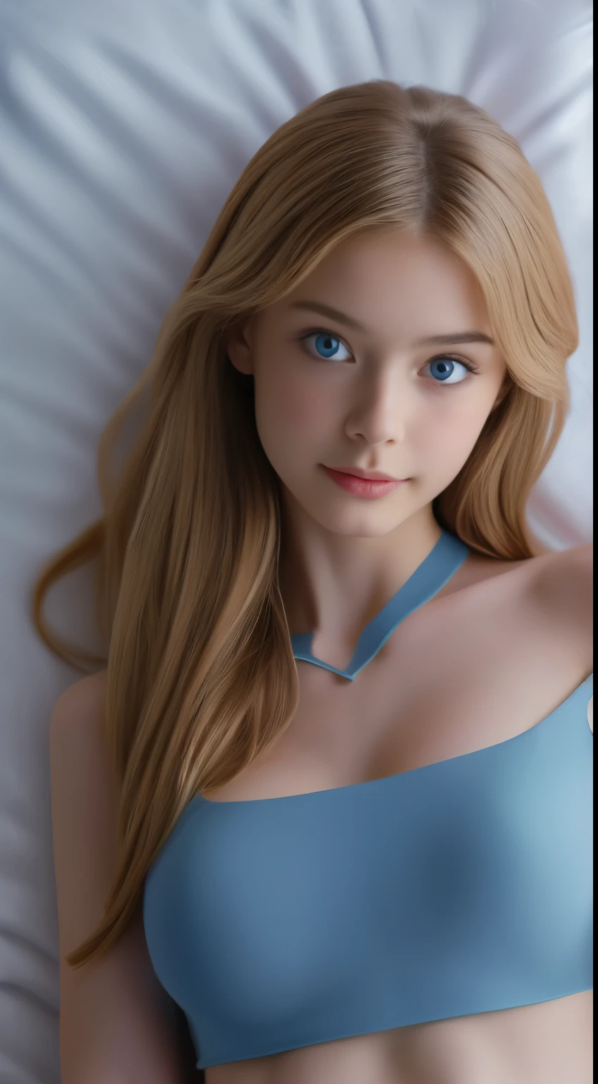 8K, Top Quality, Intricate Details, Ultra Detail, Ultra High Resolution, Masterpiece, Slender, Smile, (Makeup: 0.4), (Fluffy Blue Eyes: 1.21), blue Eyes, looking at viewer, ((full body)), solo, 1 girl, ((tall)), (((fit body))), (((slim face))), sharp face, sharp eyes, golden hair, very long hair, (detailed face), sharp face, small lips, ((angel)), ((blue crop top)), detailed face, detailed breast, large breast, detail ass , Beautiful girl with accentuated slender abs: 1.4, Six Pack Abs: 1.4, Bust Botox, Big, Perfect Body, detail leg, ((lying on the bed)), blonde