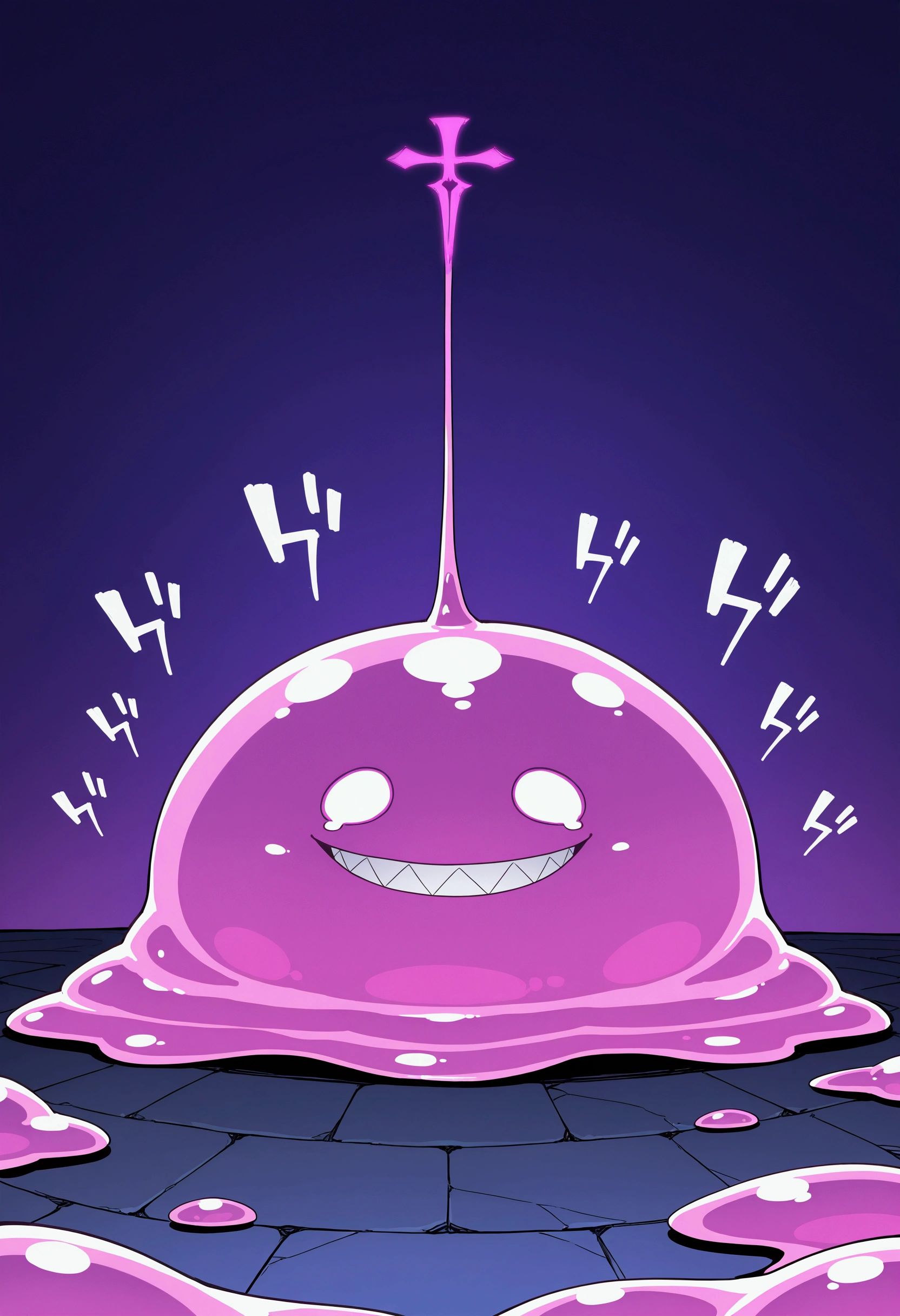 Pink slime monster with sharp teeth, in an alleyway at night, blue black purple background, menacing grin