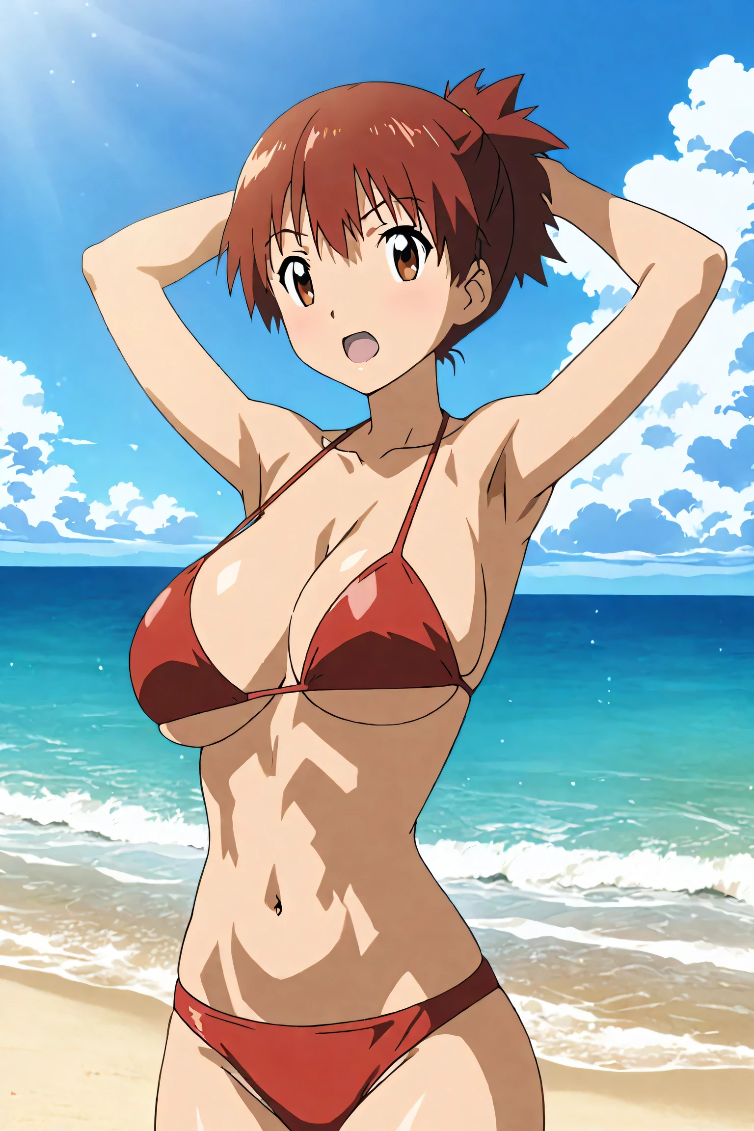 score 9 、score 8 up、score 7 up、source anime、masterpiece、 top quality 、 high res、1girl、anime girl in a bikini posing on the beach、Alone、Short red hair girl、Brown Eyed Girl 、ponytai lhair、 cool girl 、 red bikini、Realistic Bikini、anime moe artstyle、bikini top with an red、bikini bottom with an red、attractive anime girl、in a triangle bikini、seductive anime girl、Big Breasts、 big breasts、cleavage、navel、abs、midriff、Boobs、4k yen、anime girl、anime! 4k yen、anime! 4K、handsome anime girl、boyish atmosphere 、tomboy、 toned body 、 Female  Student、collarbone、open mouth、 swimsuit、anime girls、ecchi anime style、 girl standing、 cowboy shot、looking at viewer、Female focus、